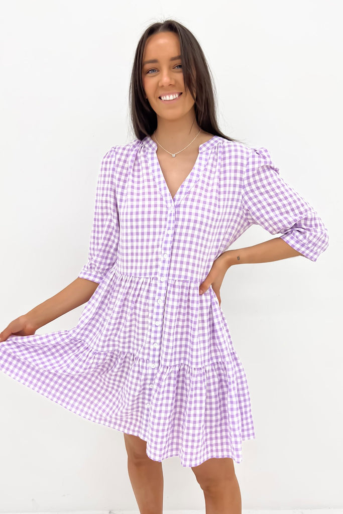 Empire Waist Mini Dress in Purple Gingham