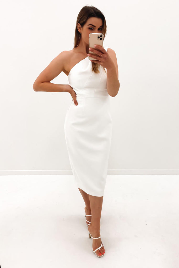 White one shoulder clearance knee length dress