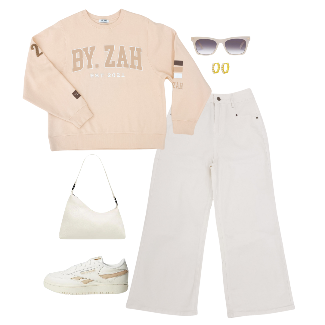 Neutral tones in the Kendall Oversized Logo Crew