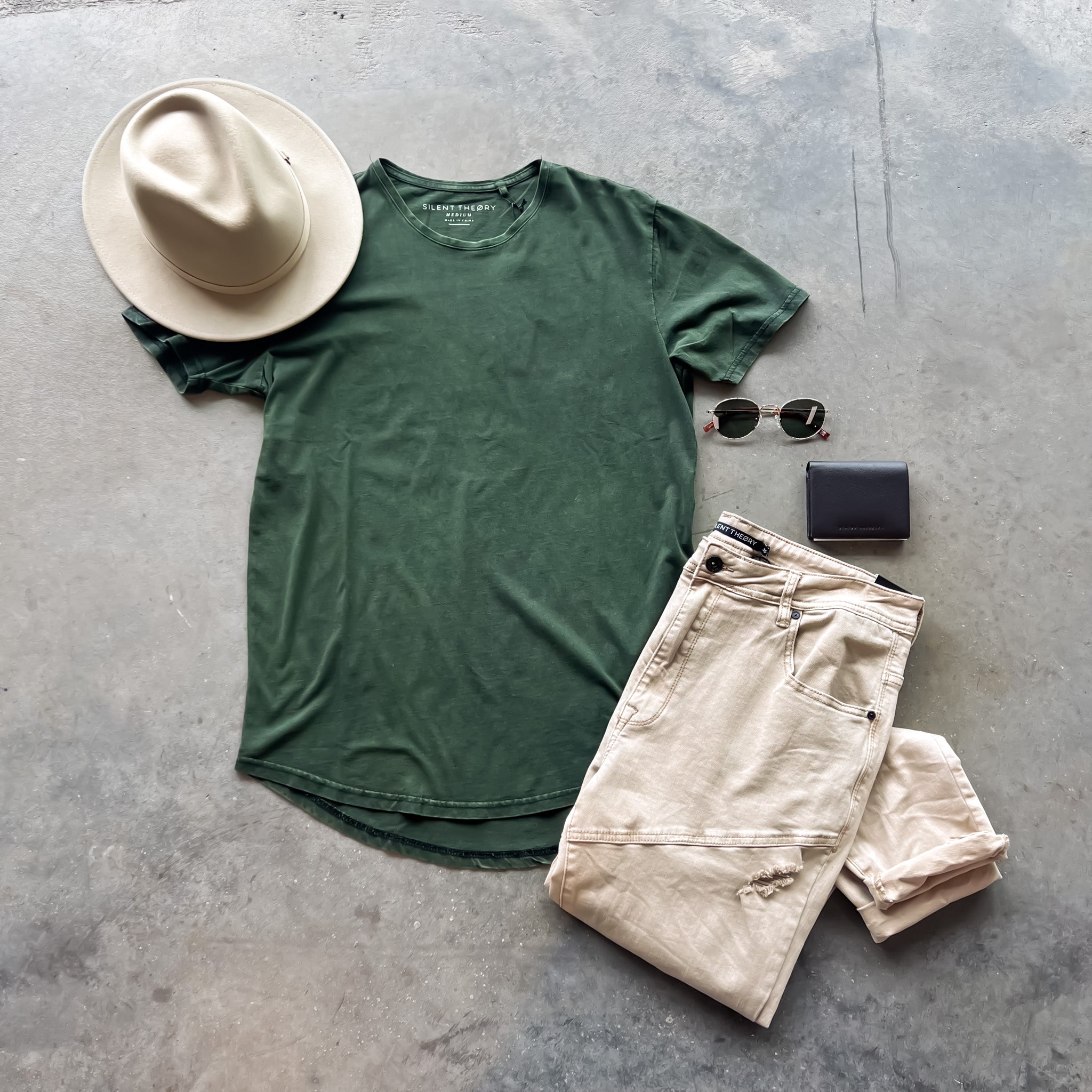 The 'Acid Tail Tee Bottle Green' + The 'Soho Jean Tan'