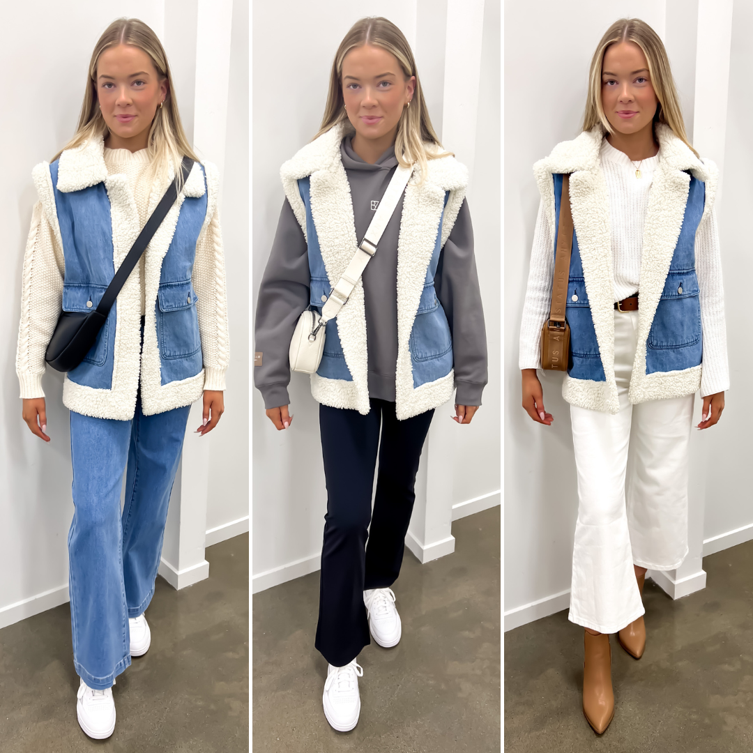 The Izzy Denim Sherpa Vest Blue Three Ways