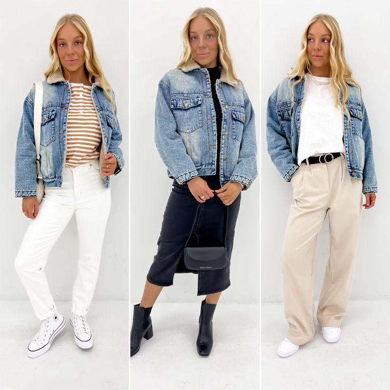 3 ways to style the James Denim Sherpa Jacket Mid Blue