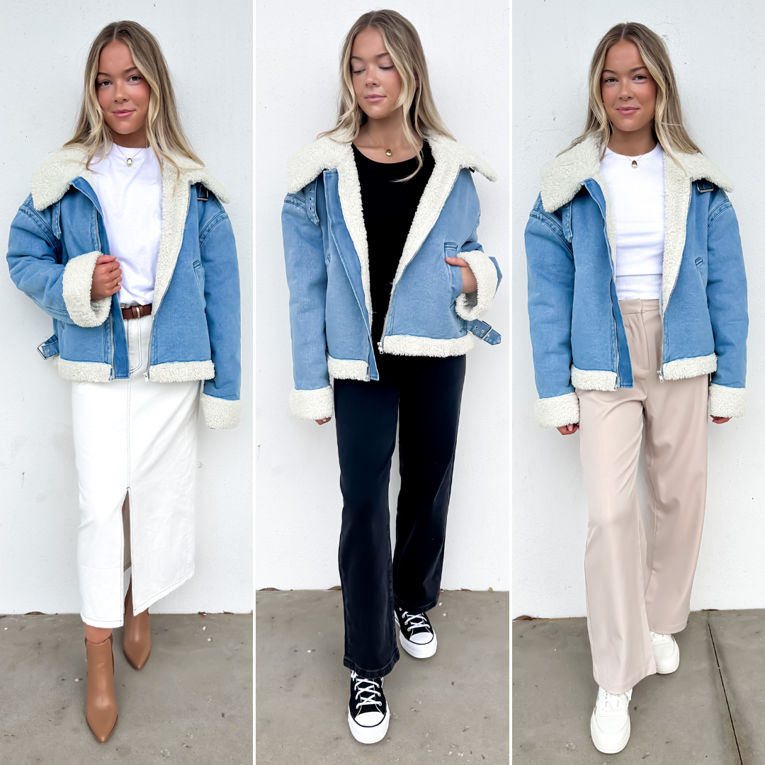 Three ways to style the Izzy Denim Sherpa Jacket