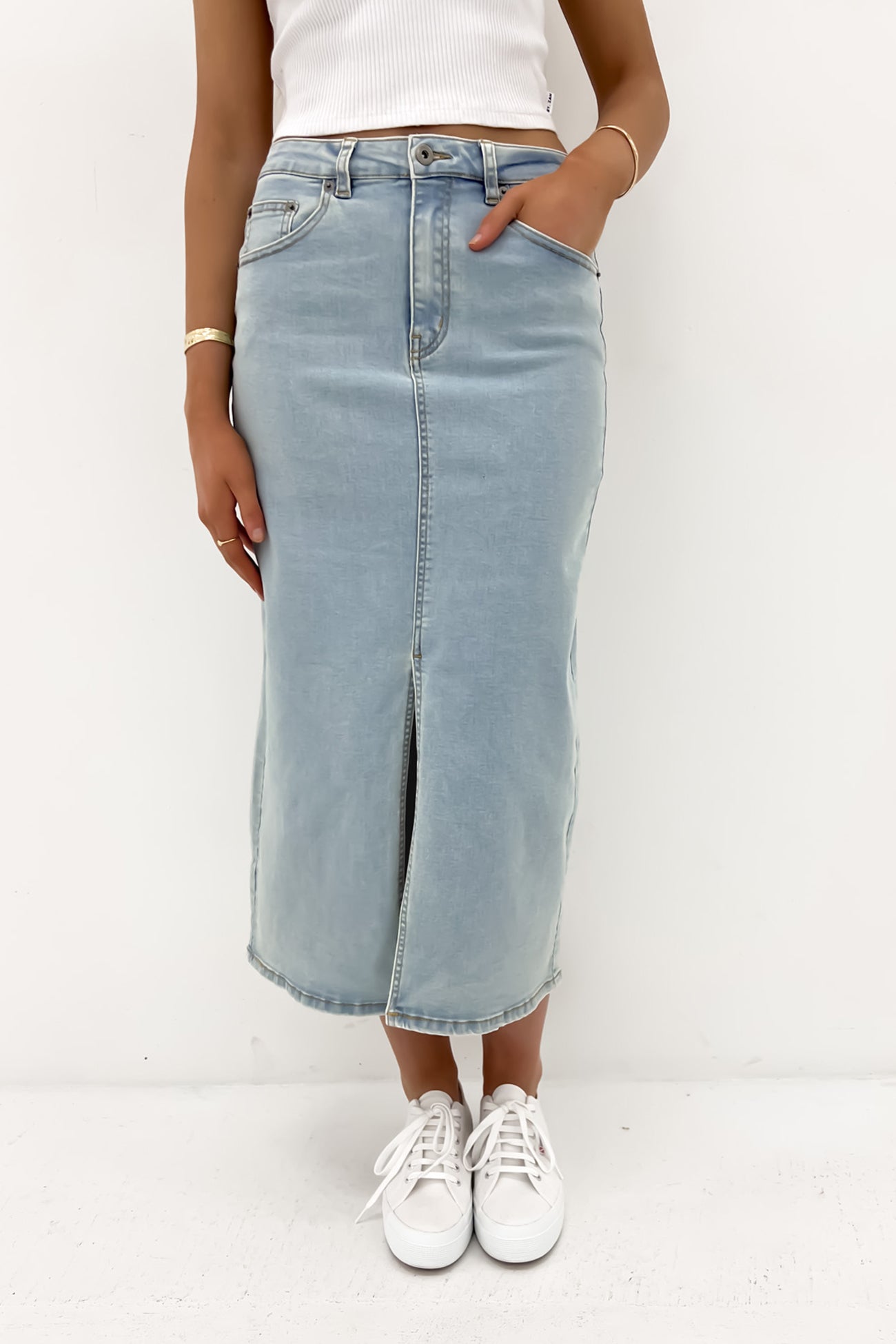 Alivia Denim Midi Skirt Light Blue