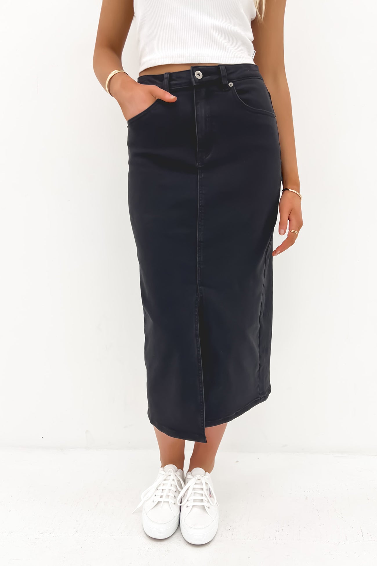 Alivia Denim Midi Skirt Wash Black