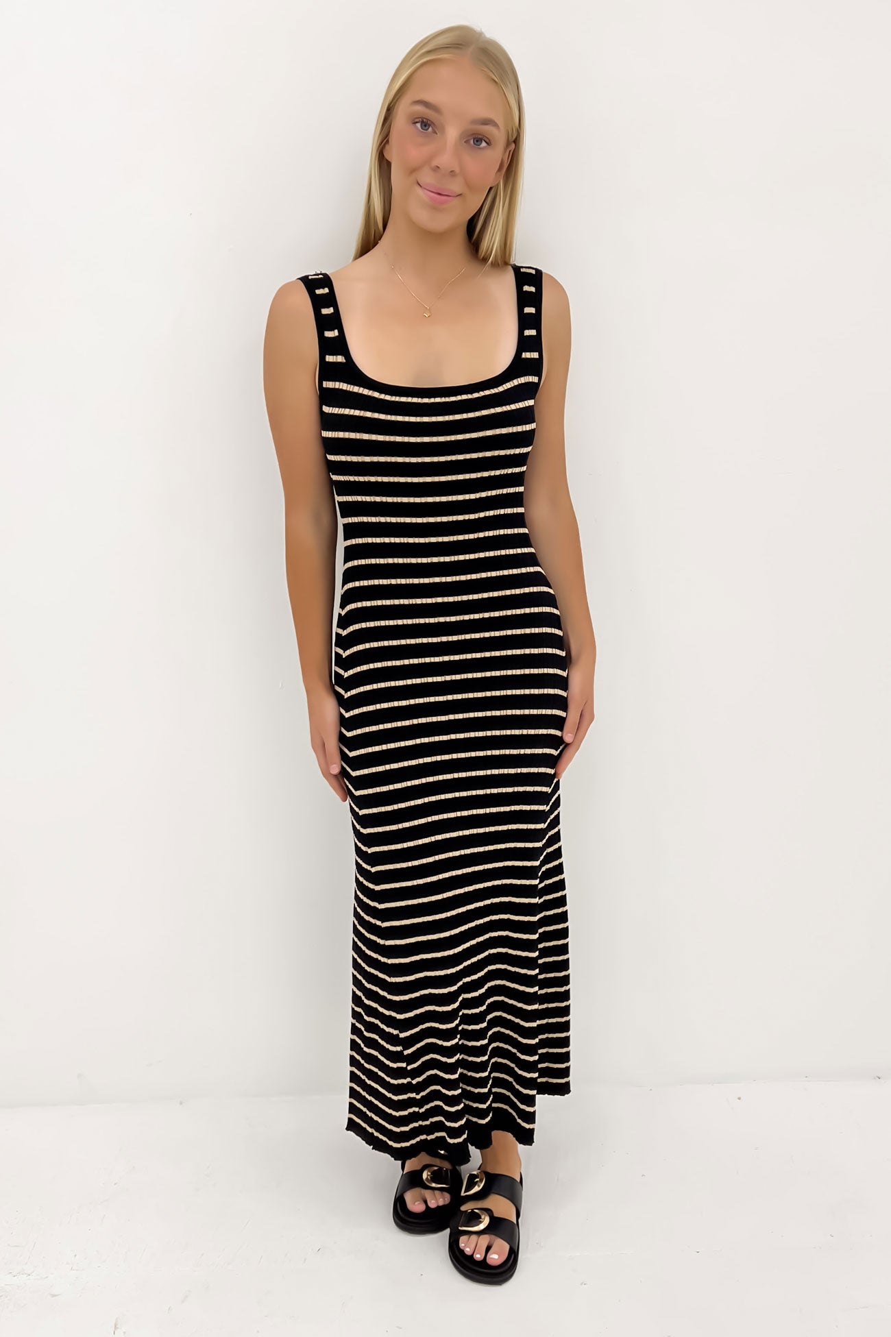 Alora Knit Maxi Dress Black Tan Stripe