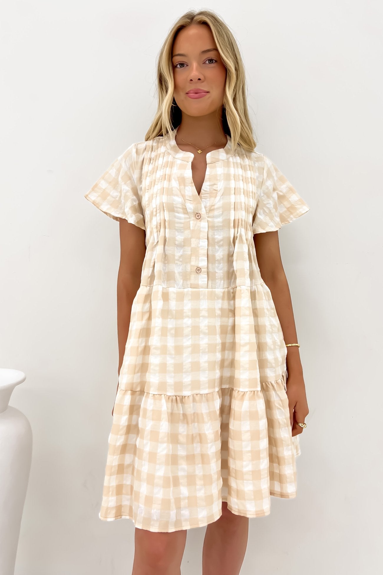 Blaire Mini Dress Latte Gingham