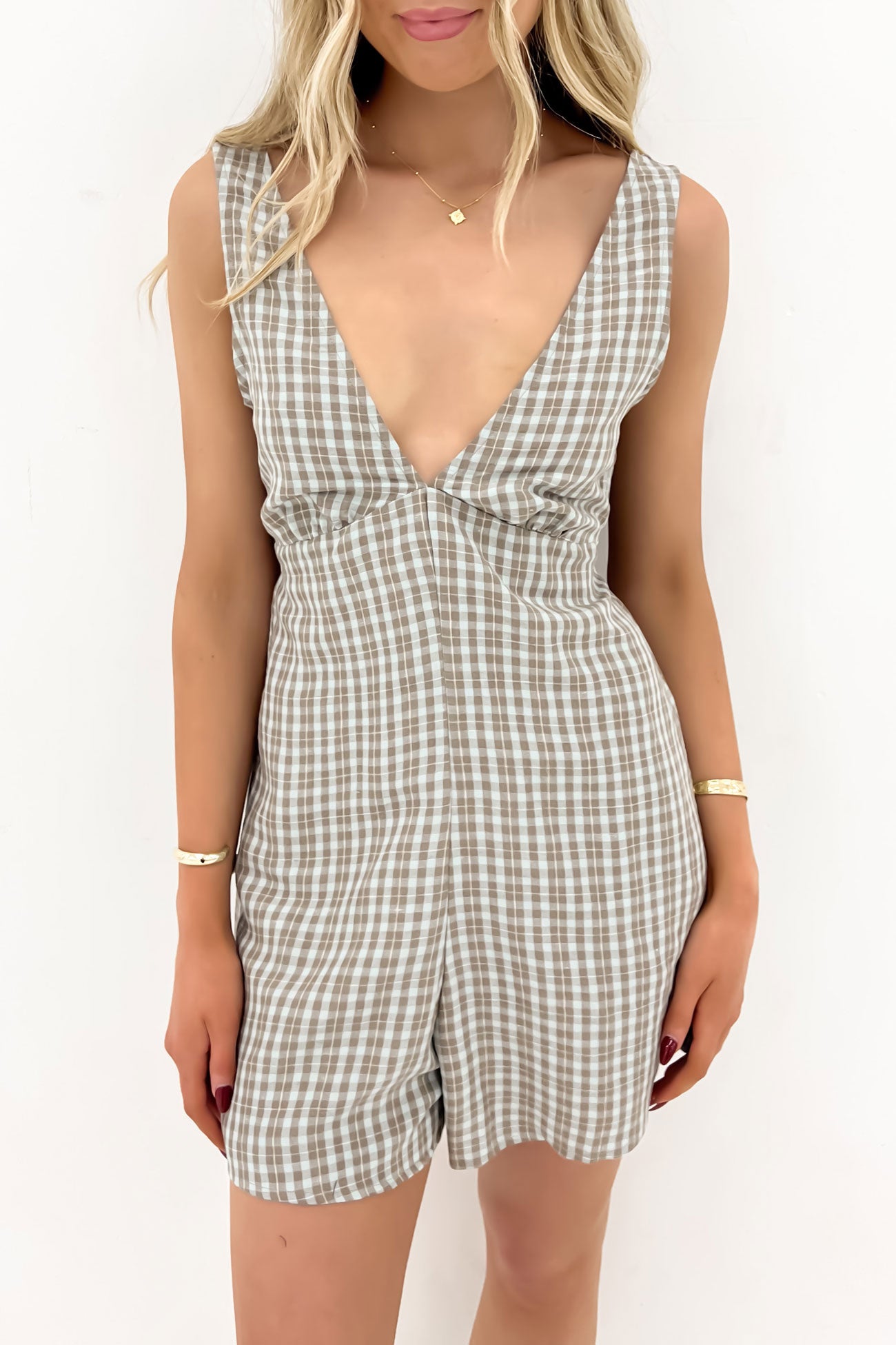 Claire Plaid Romper Dark Khaki