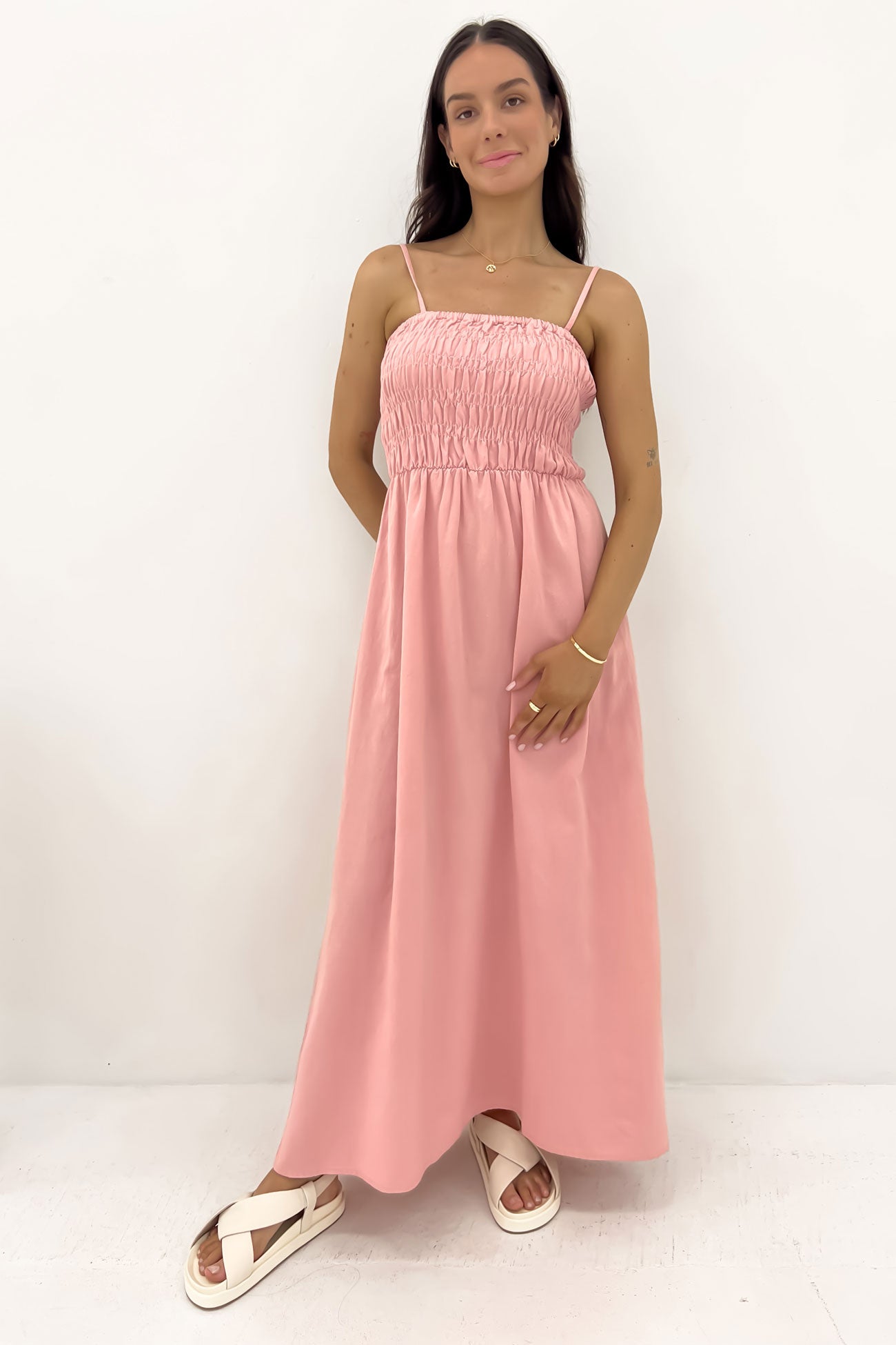 Classic Shirred Midi Dress Rose