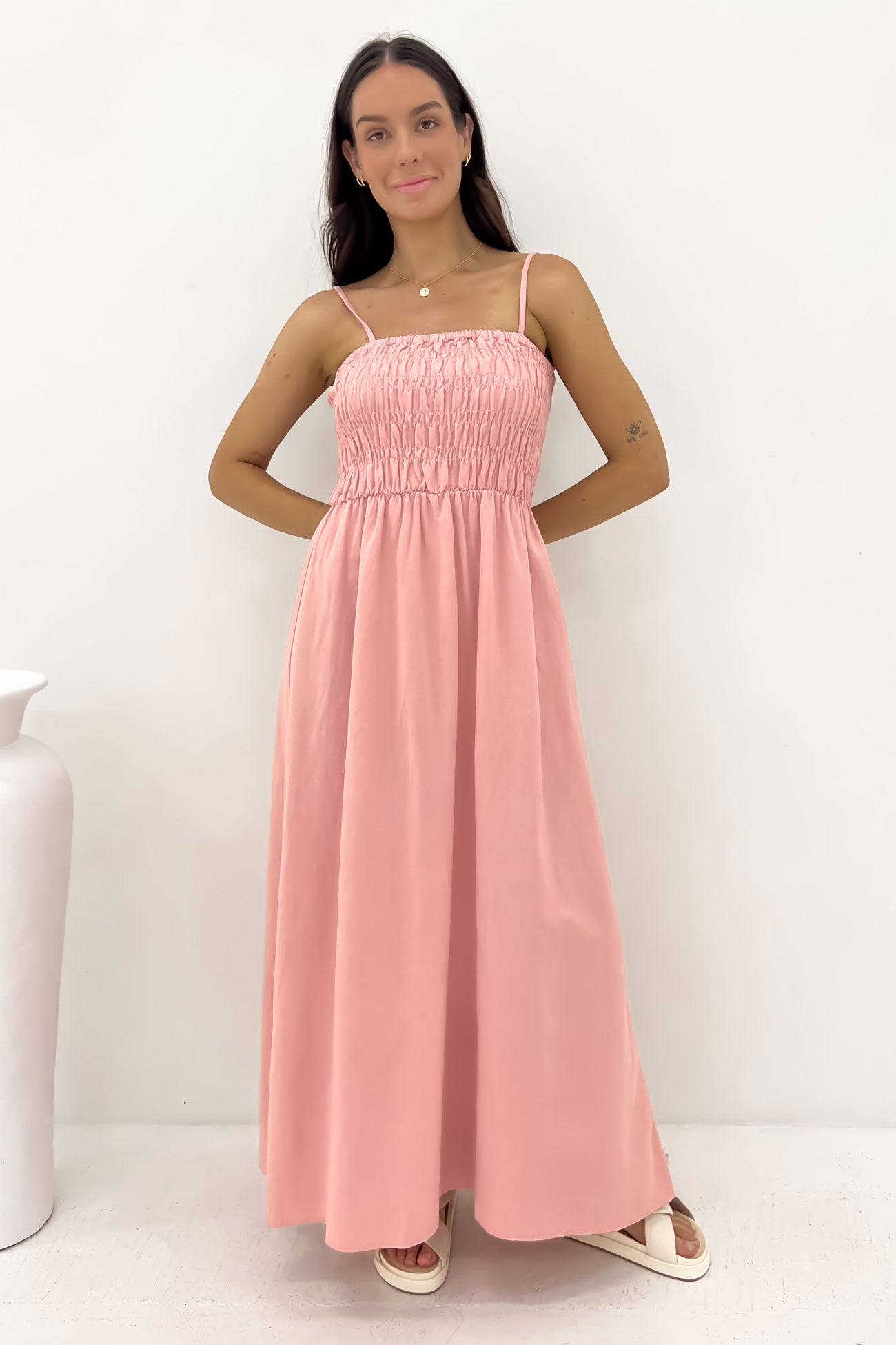 Classic Shirred Midi Dress Rose