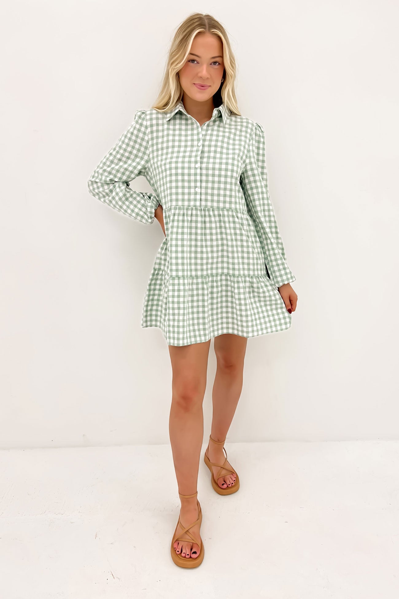 Frankie Check Long Sleeve Mini Dress Sage