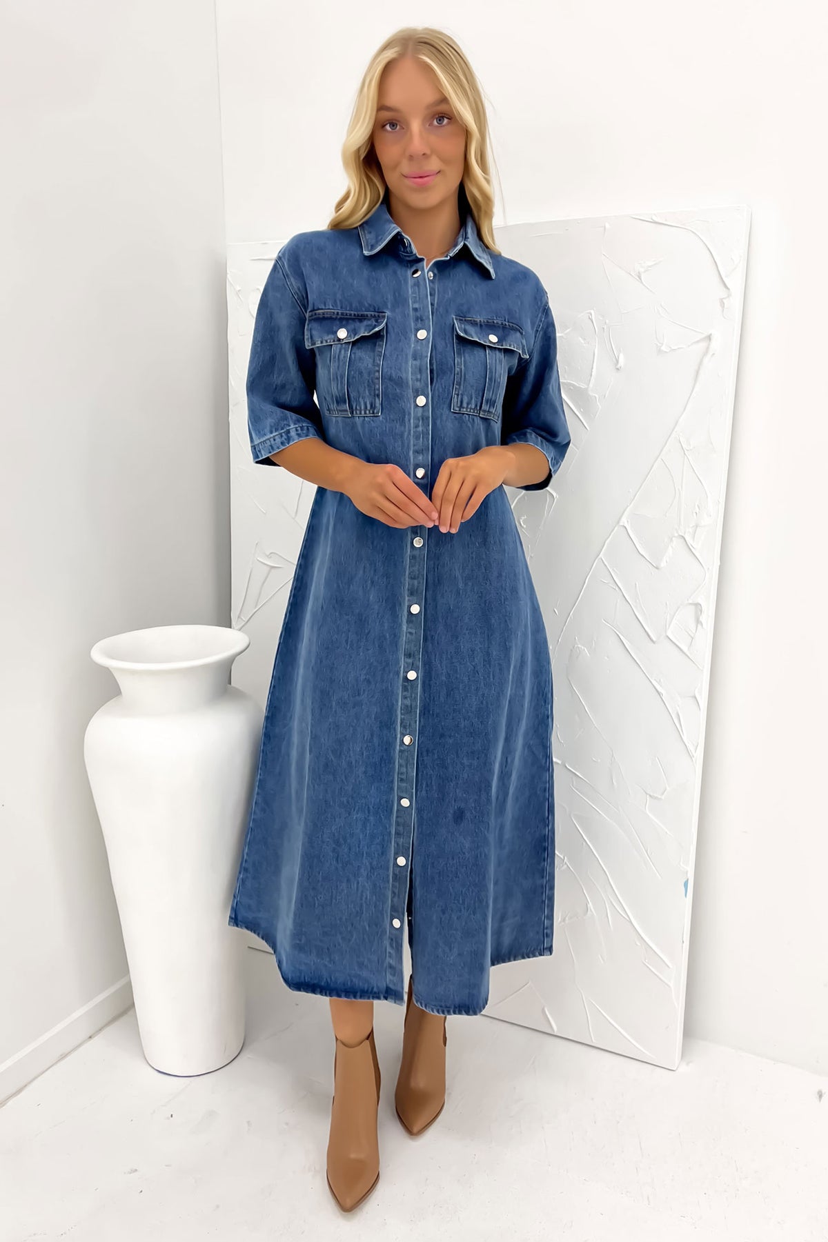 Ladies denim midi dress best sale