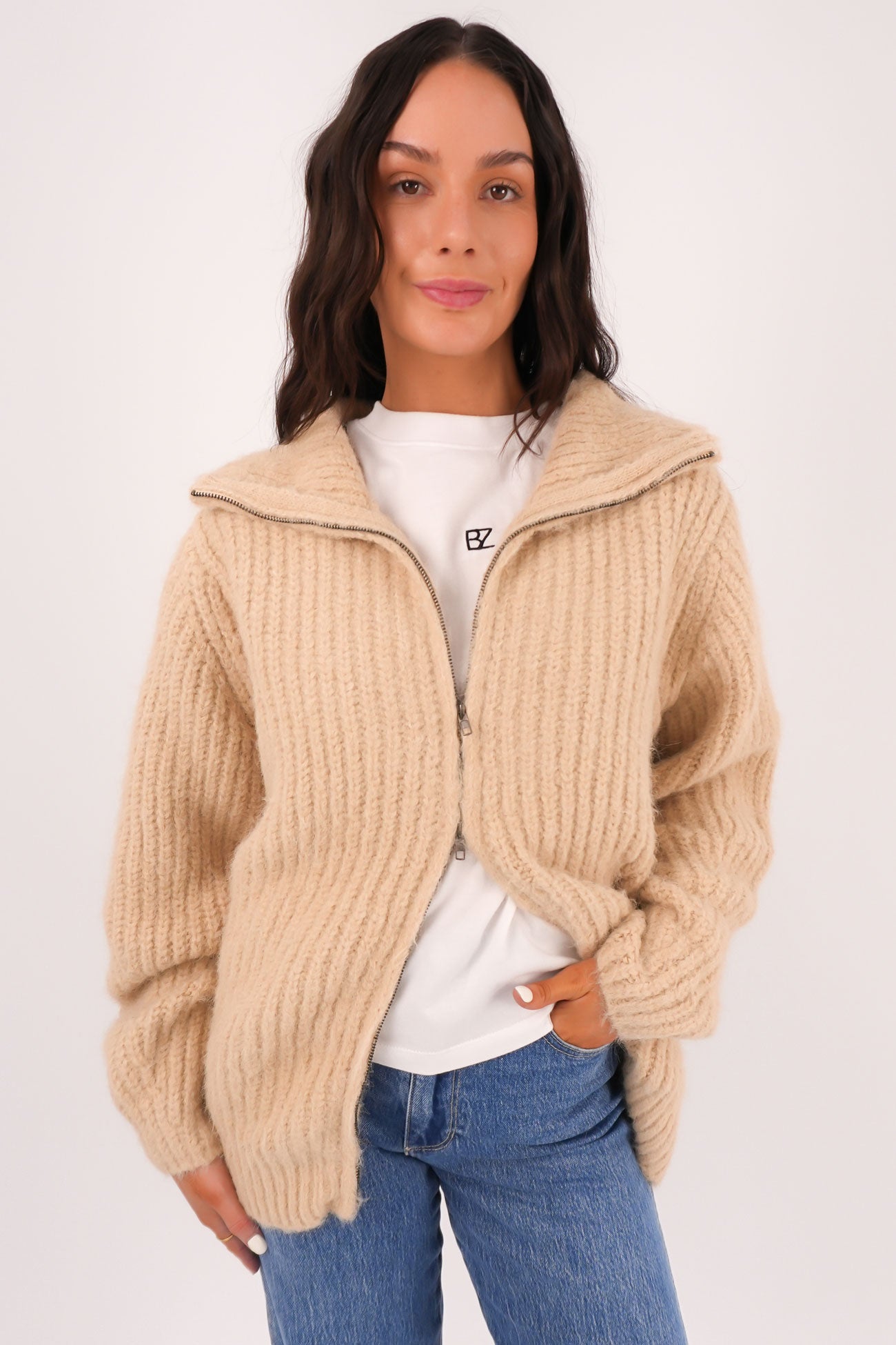 Jethra Zip Thru Jumper Beige