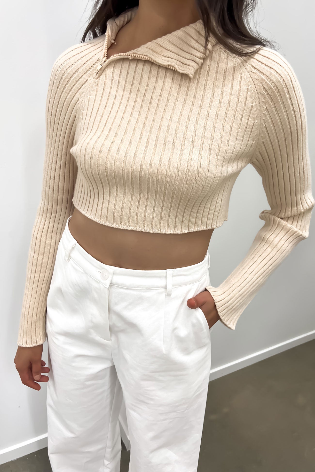 Kaela Crop Knit Jumper Beige