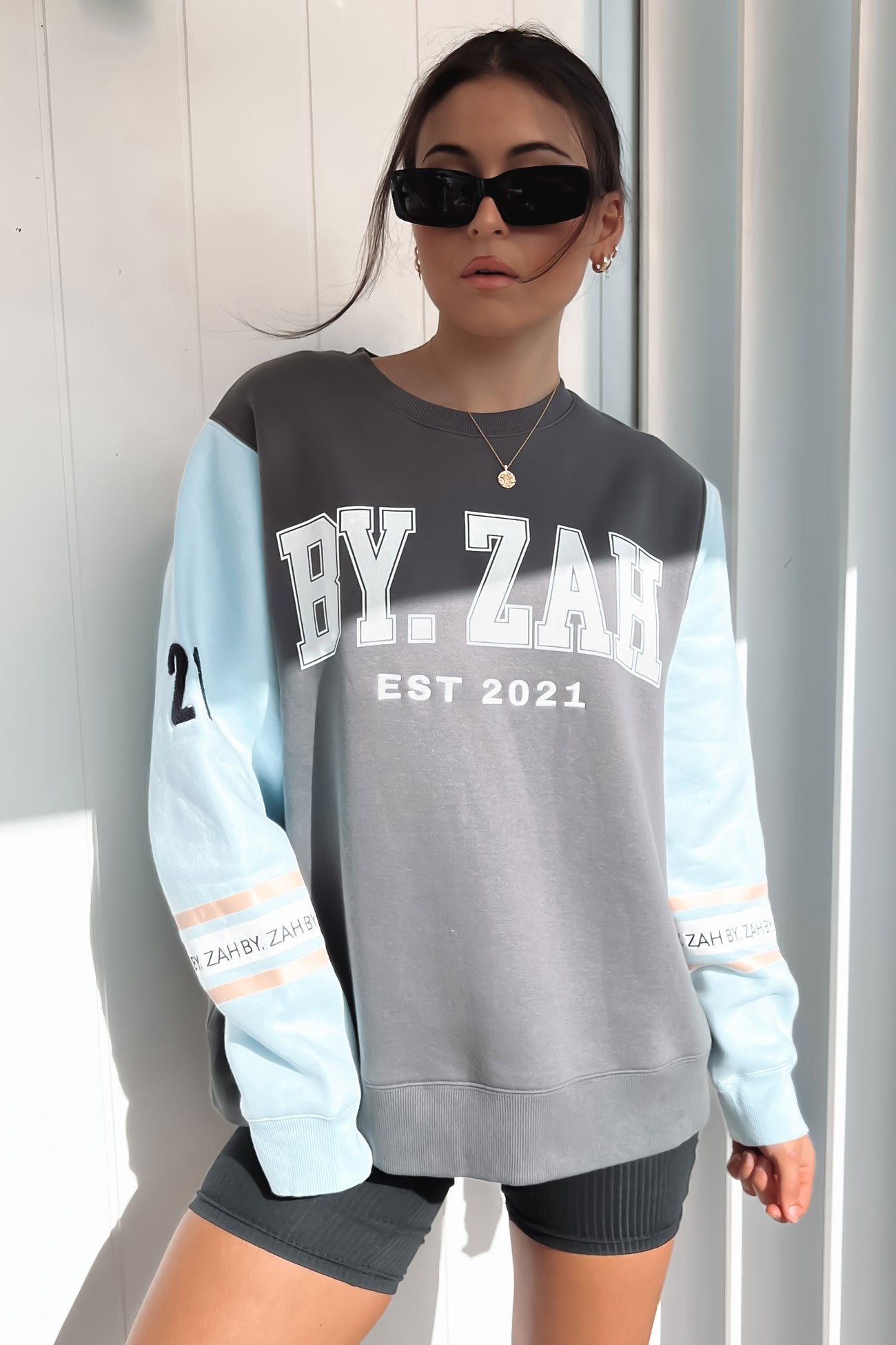 Kendra Oversized Logo Crew Charcoal