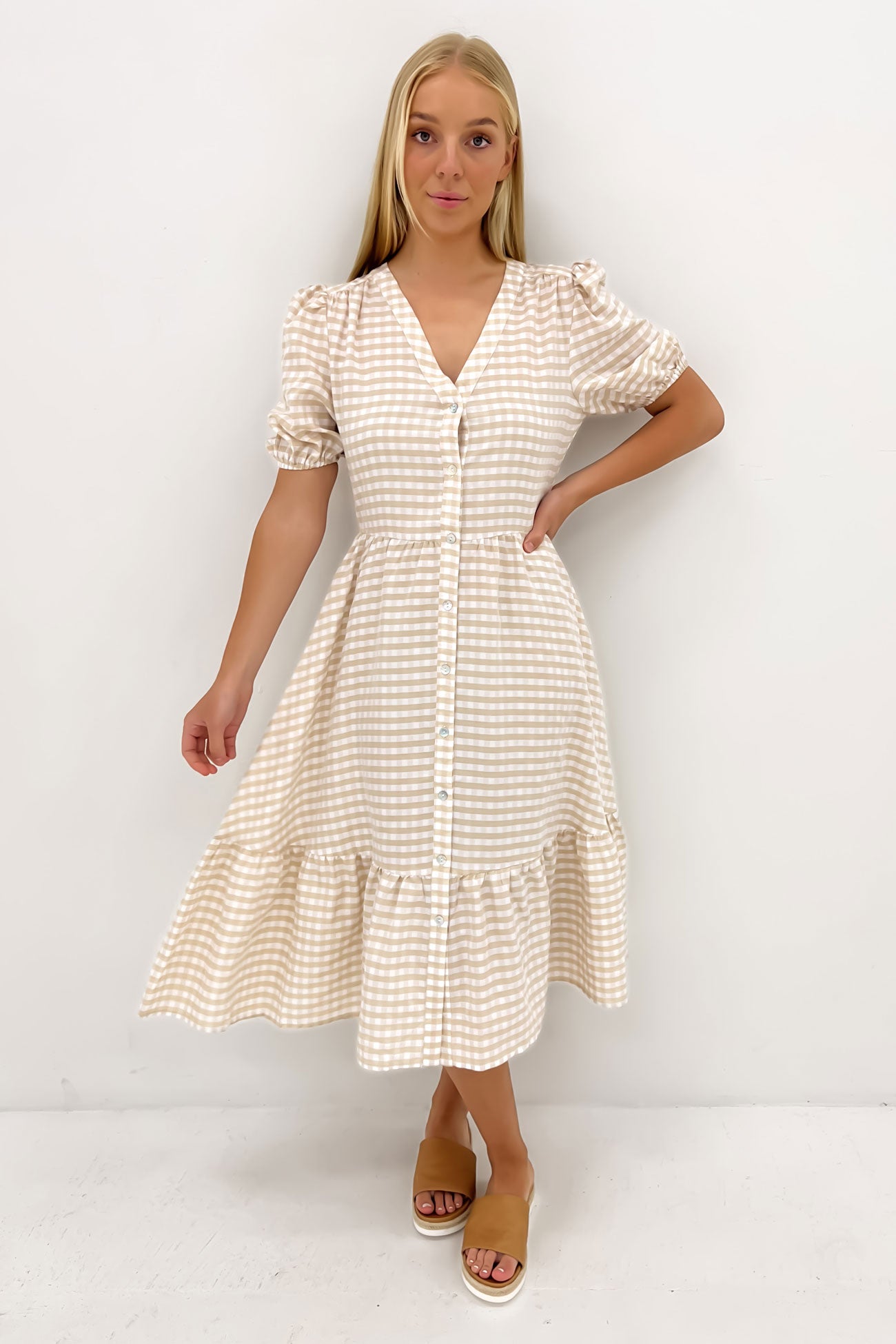 Kingston Midi Dress Latte Gingham