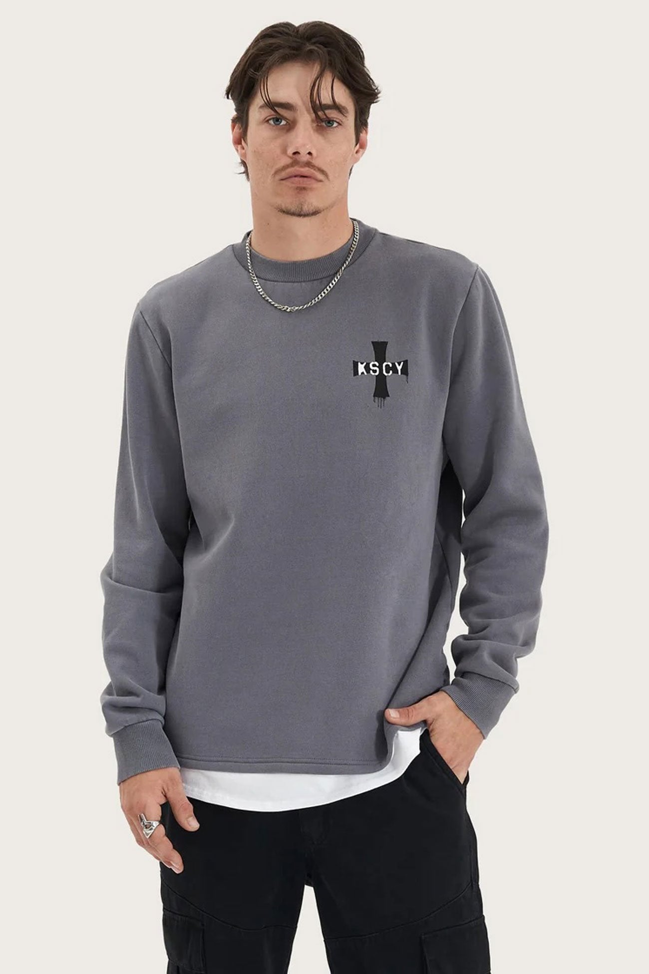 Lostland Heavy Layered Dual Curved Sweater Pigment Charcoal