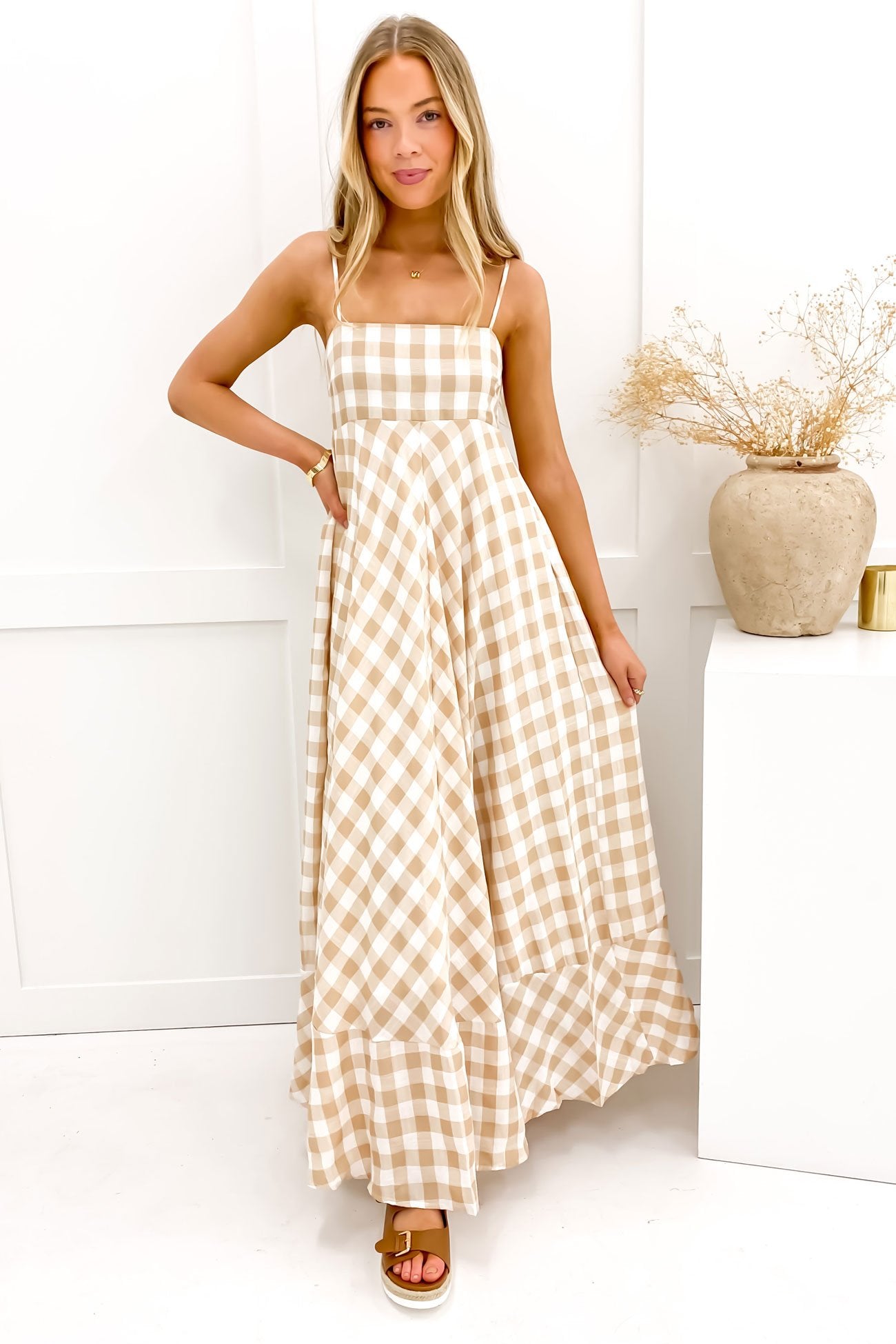 Raine Maxi Dress Beige Check