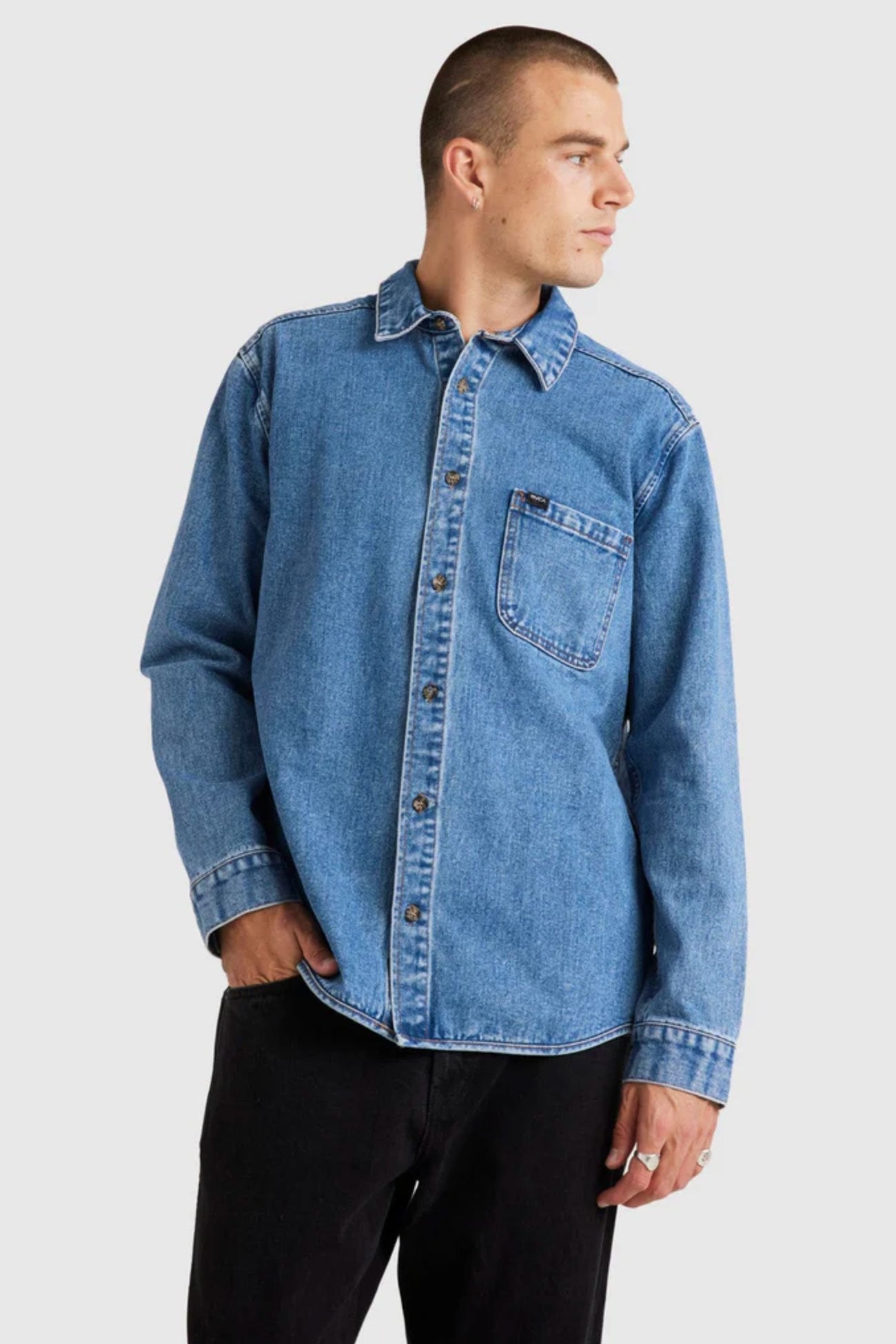 RVCA Classic Denim Long Sleeve Shirt Vintage Blue