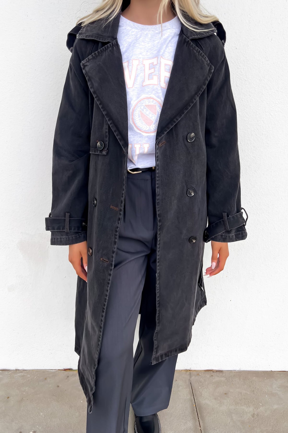 Black denim trench coat online