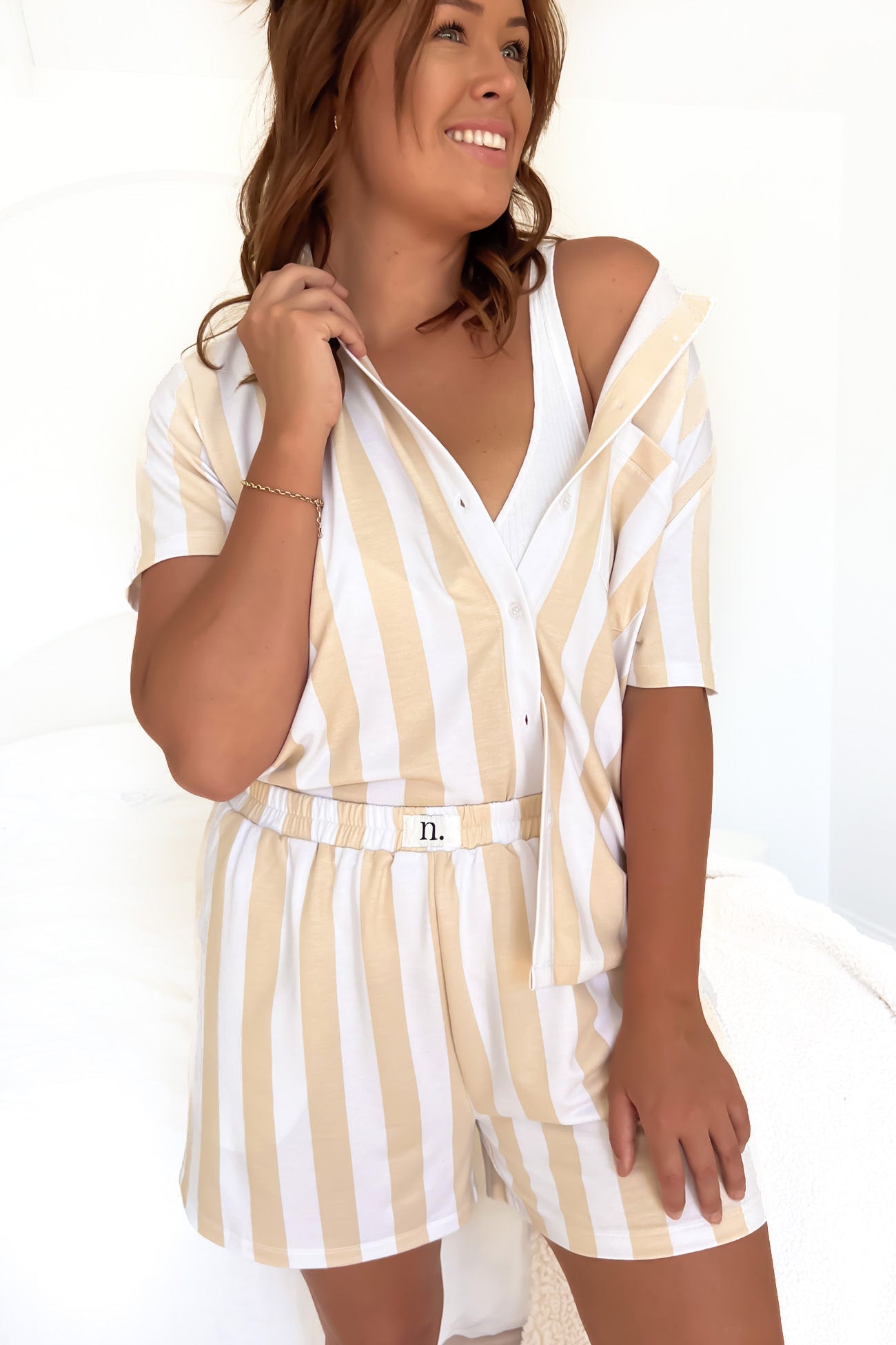 Vacay Comfort PJ Set Beige White Stripe