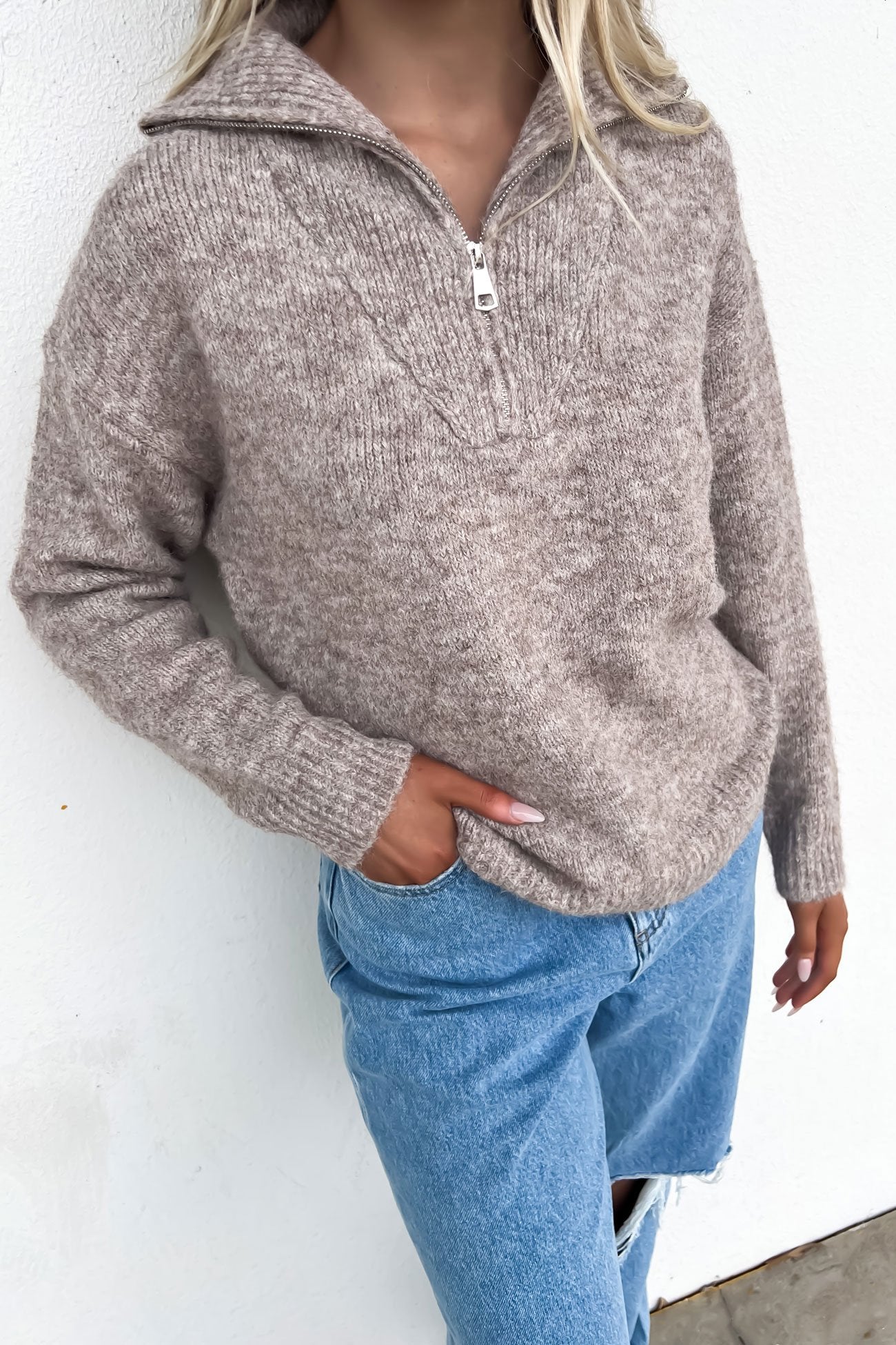 Victoria 1/4 Zip Knit Jumper Taupe