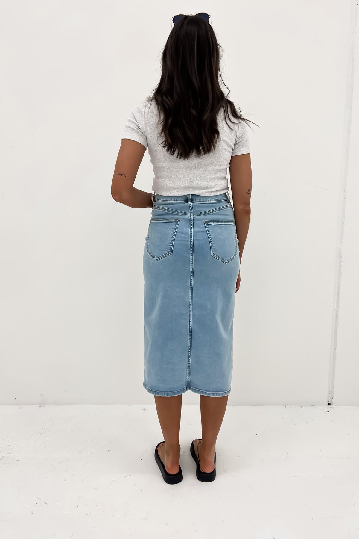 Janeve Midi Skirt - Front Split Denim Skirt in Ecru | Showpo