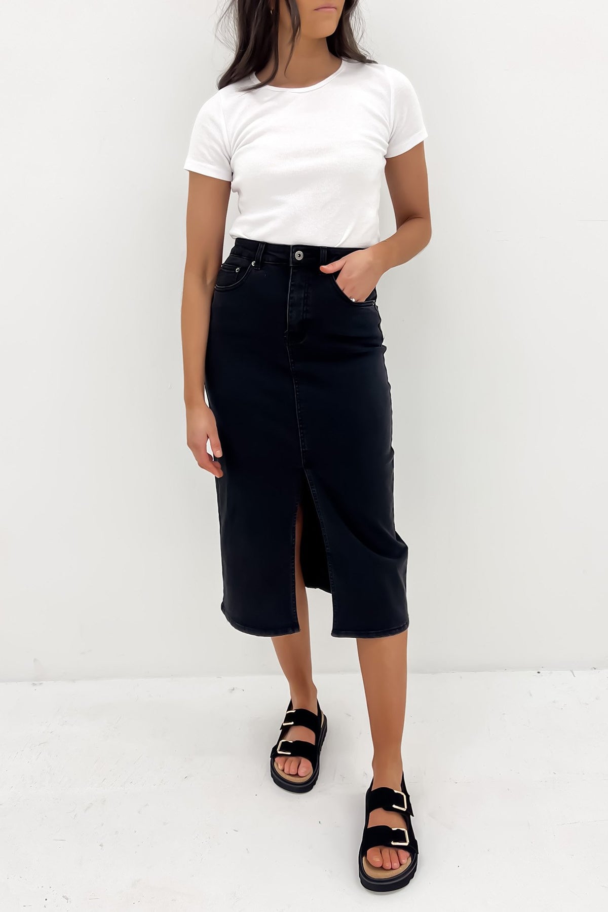 Black denim shop pencil midi skirt