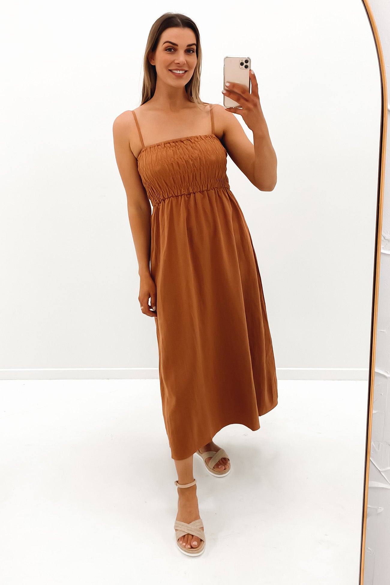 Classic Shirred Midi Dress Caramel