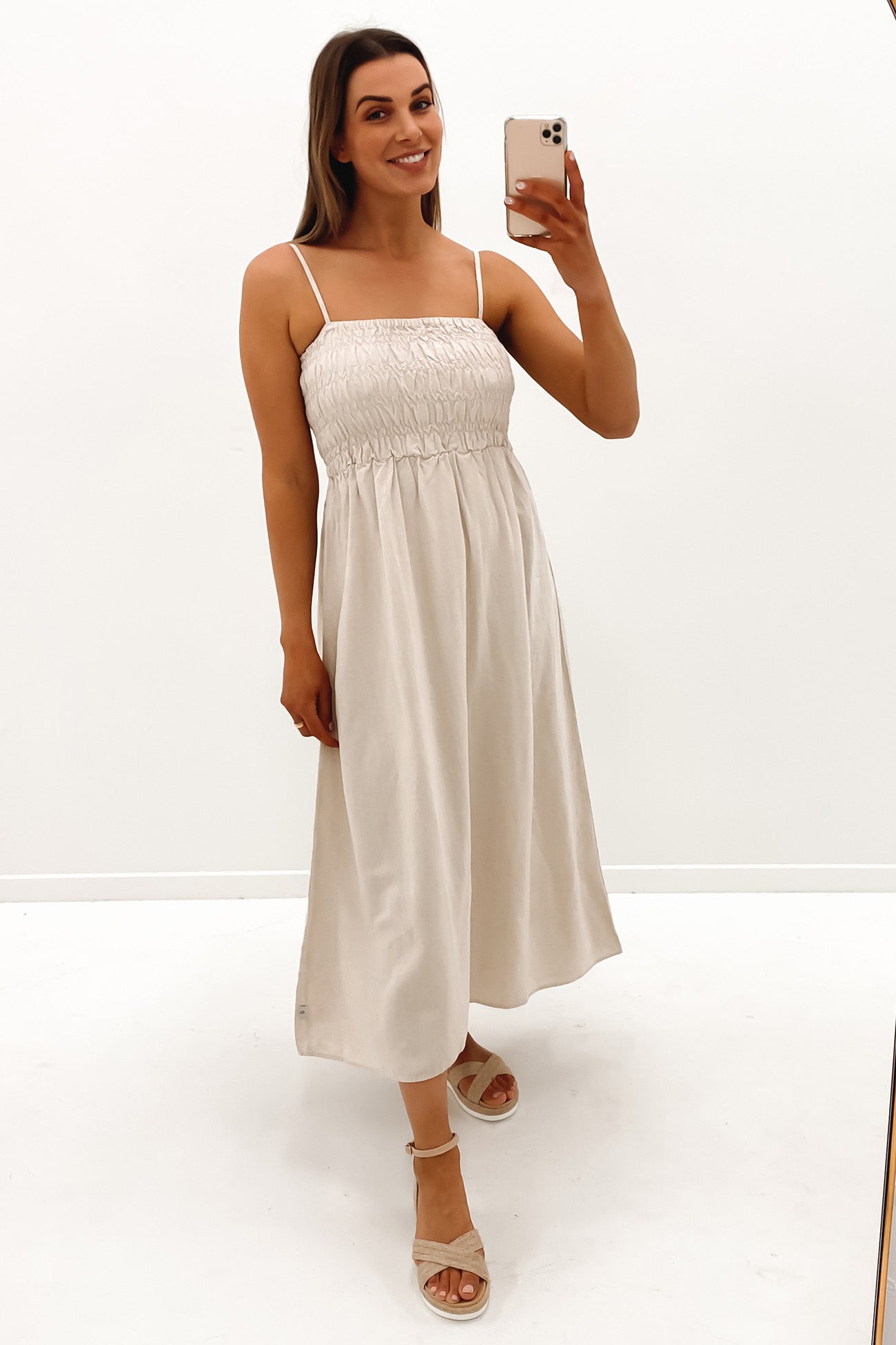 Classic Shirred Midi Dress Oat