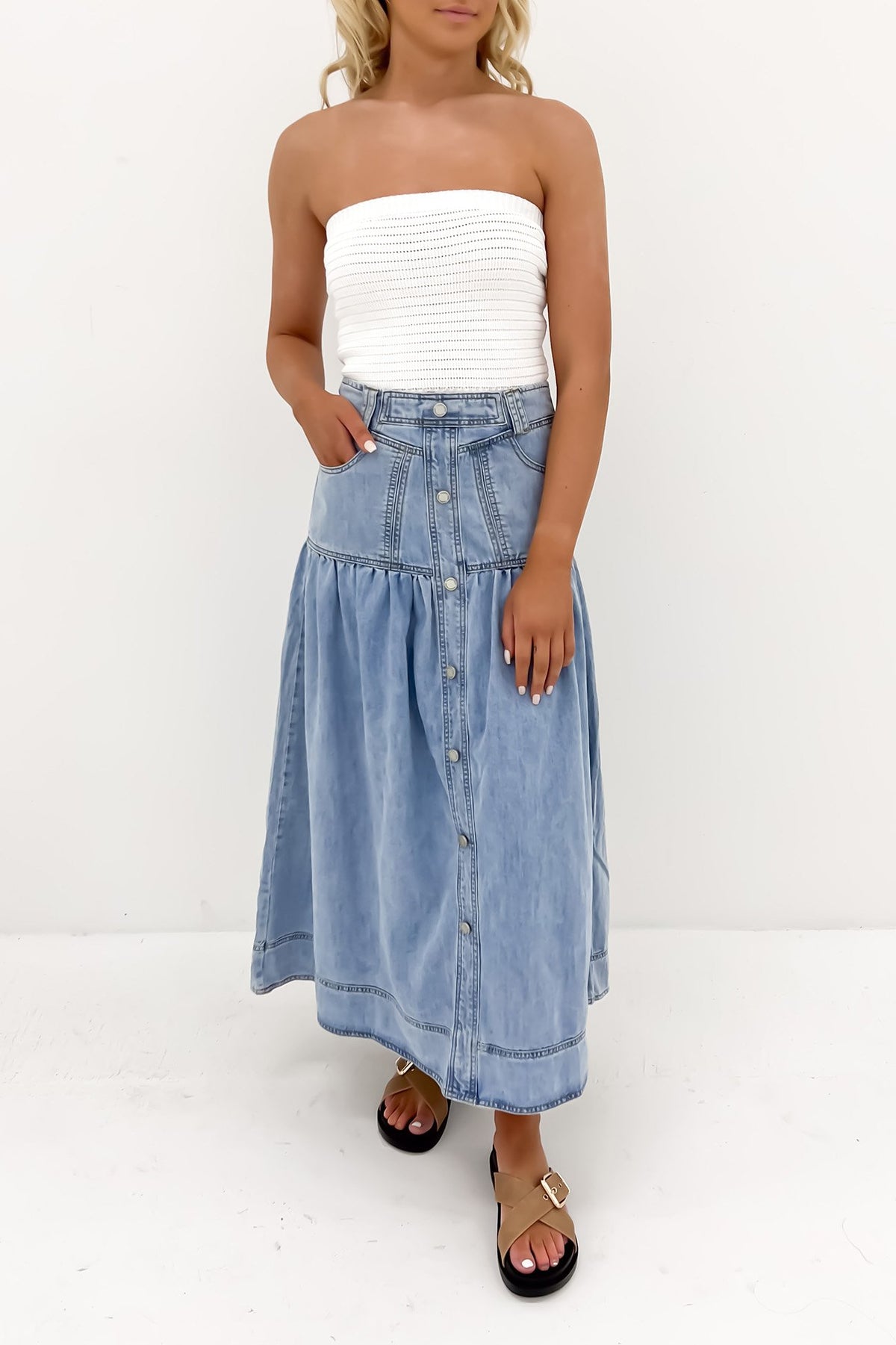 Midi tube denim clearance skirt