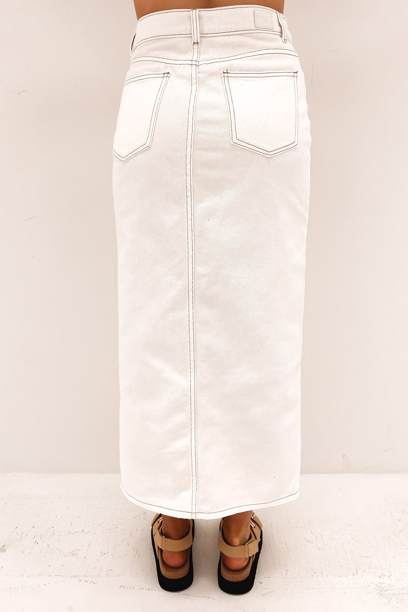 White denim midi sales pencil skirt