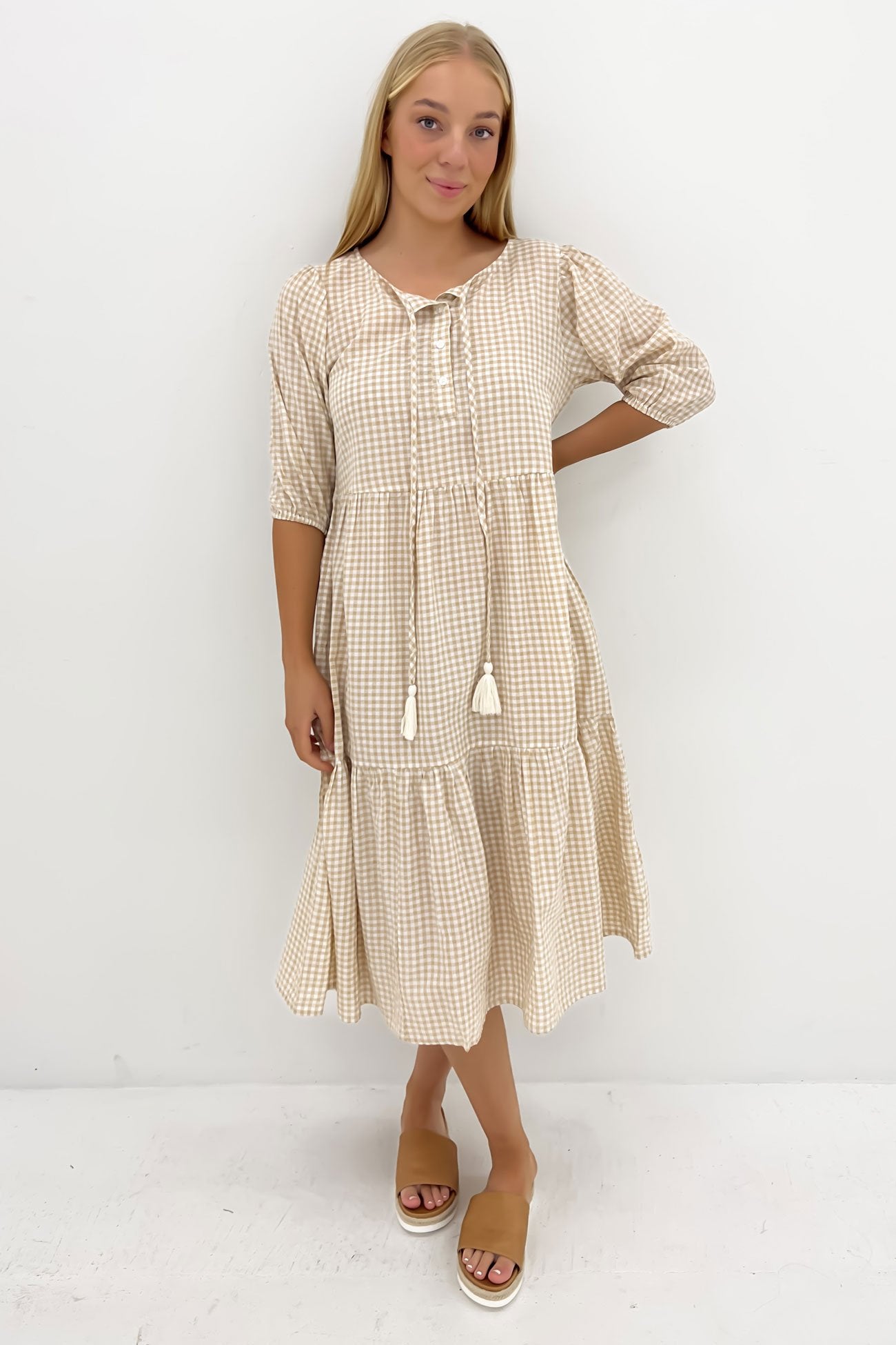 Eydie Midi Dress Latte Gingham