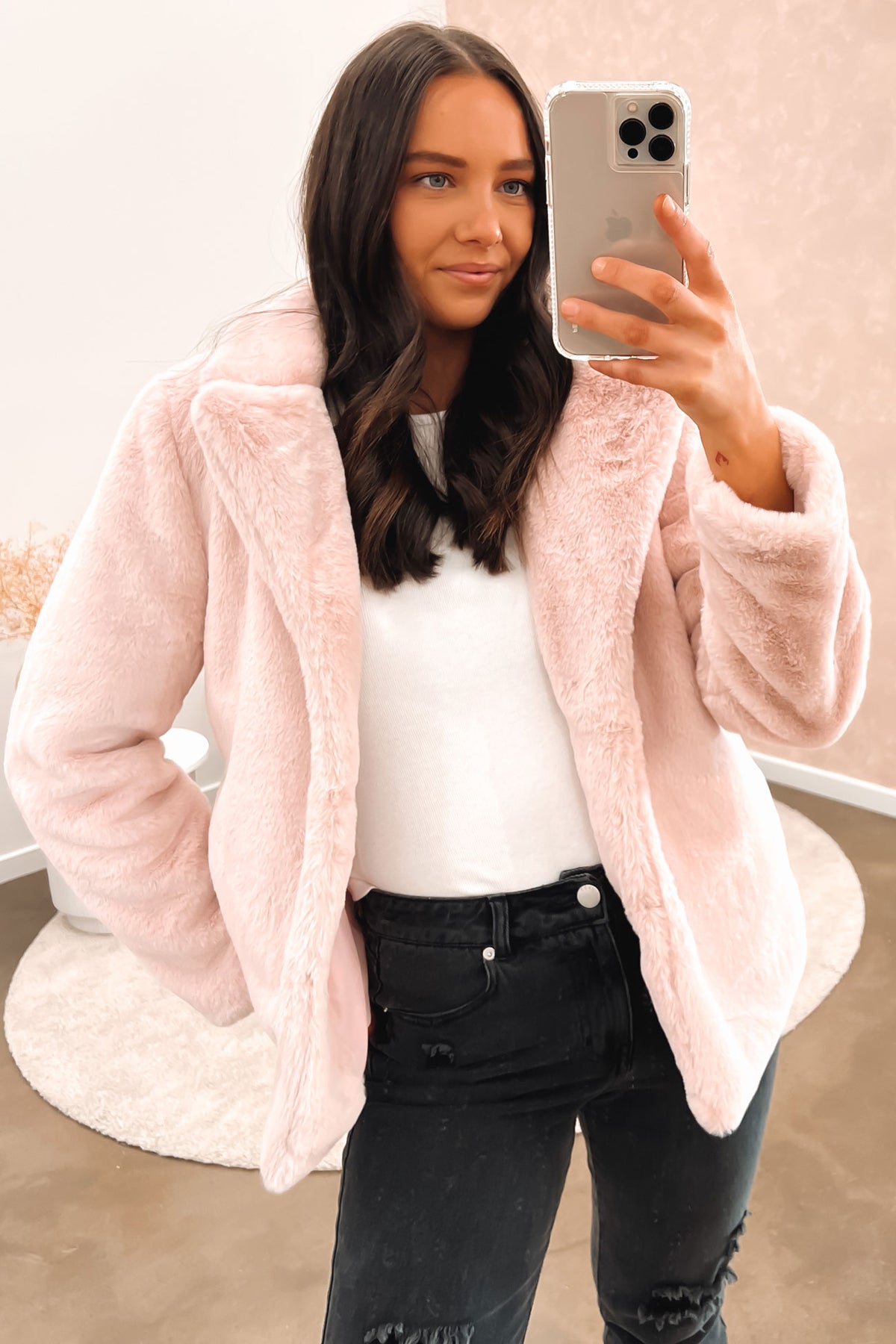 Blush pink outlet faux fur jacket