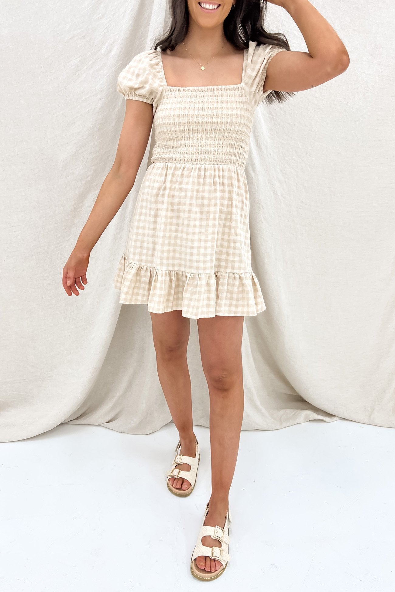 Georgette Shirred Dress Oatmeal