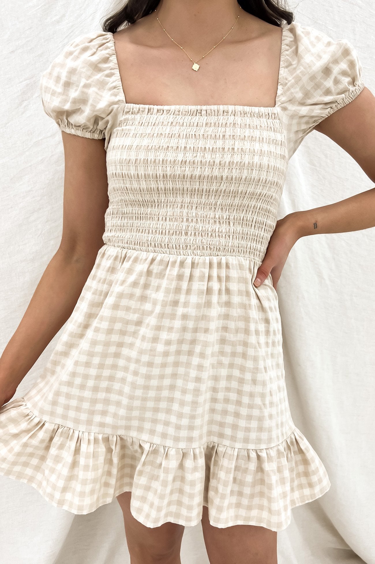 Georgette Shirred Dress Oatmeal