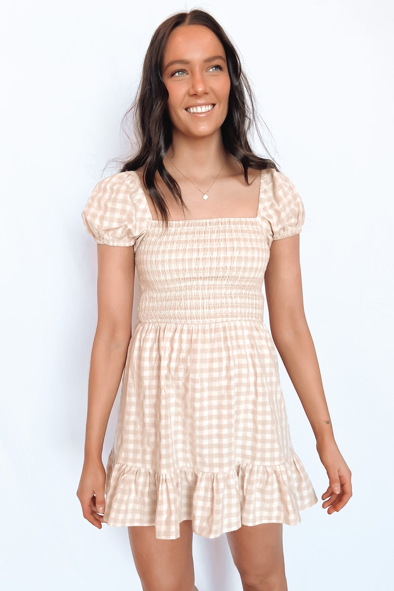 Georgette Shirred Dress Oatmeal