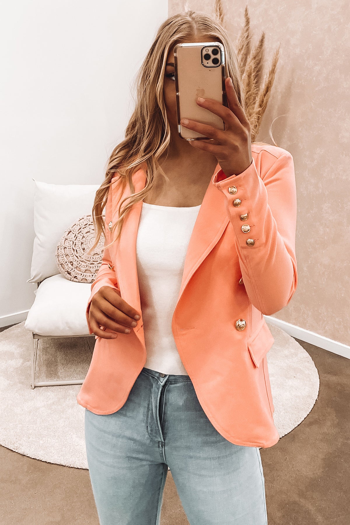 coral blazer outfit