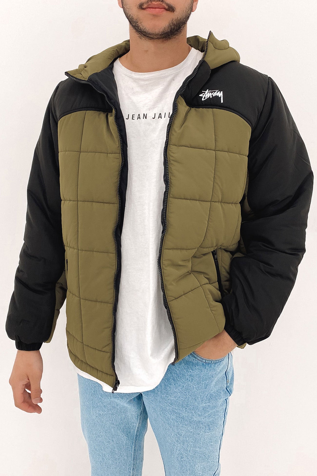 Hooded Square Puffa Jacket Khaki Black