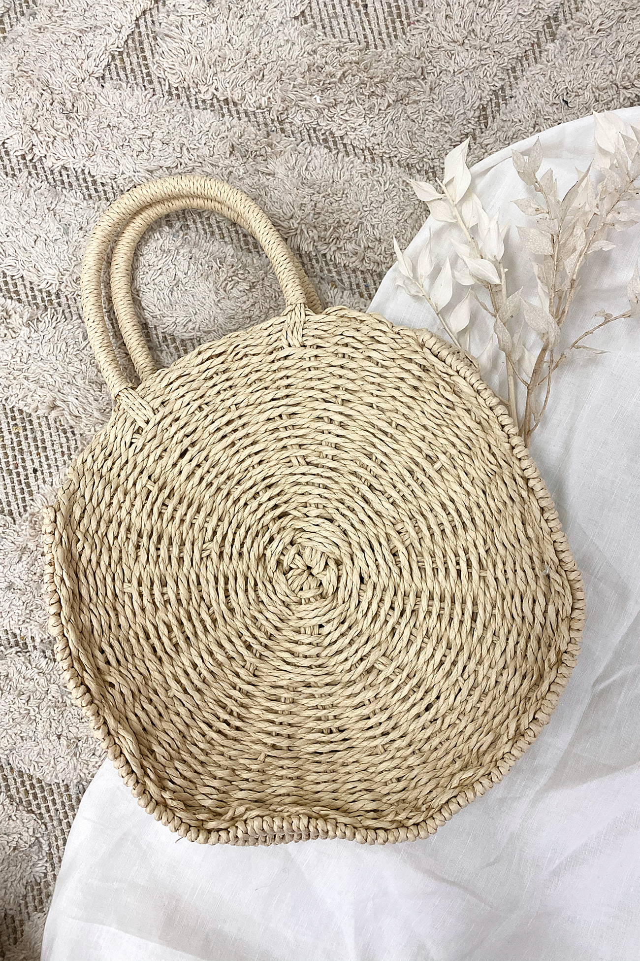 Marissa Round Straw Shoulder Bag Beige