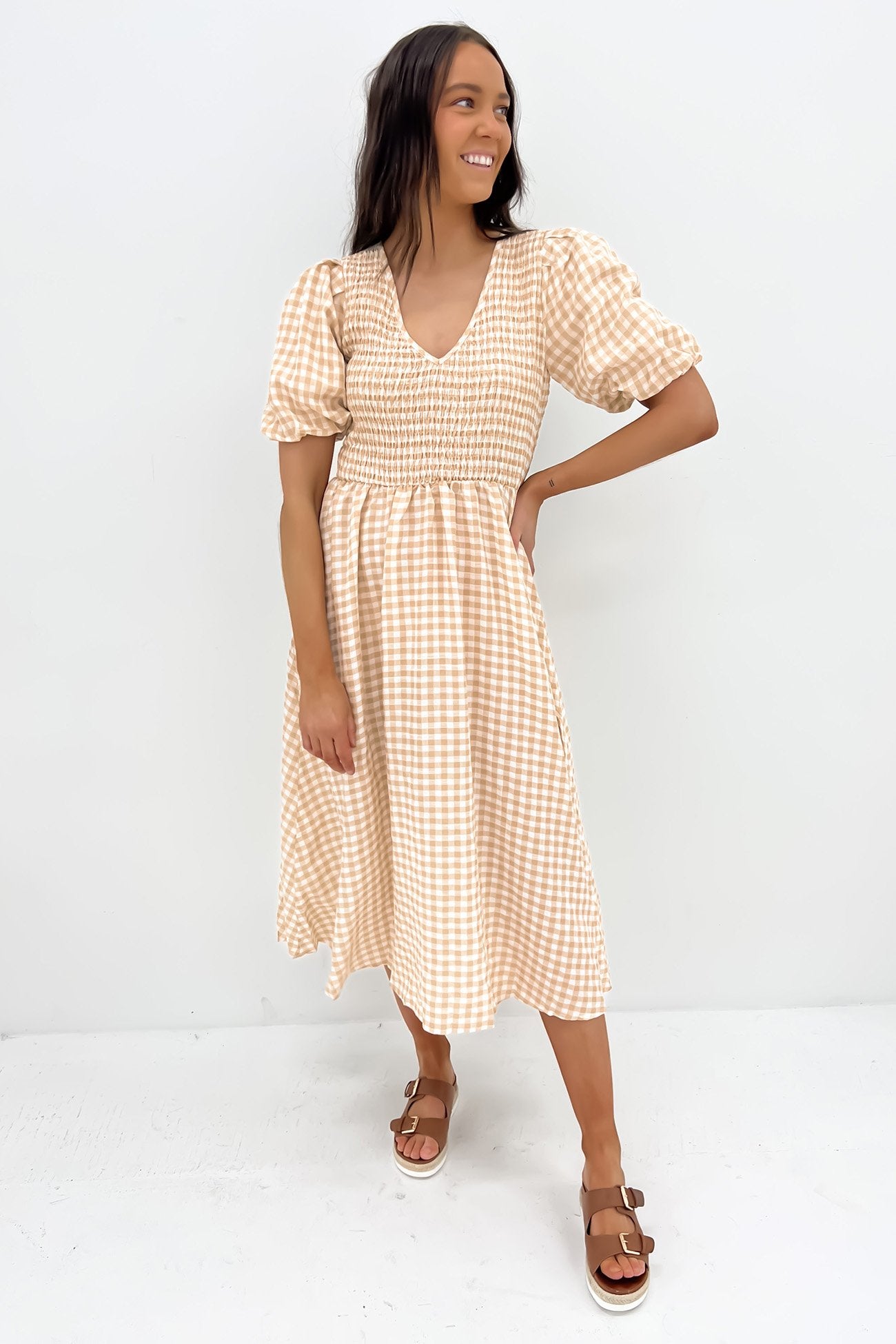 Keisha Midi Dress Beige Gingham