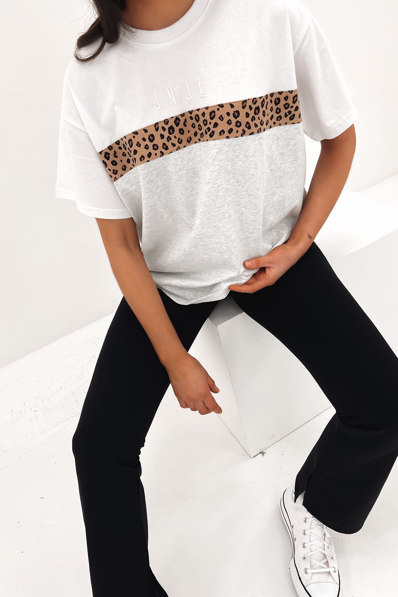 Leopard Panel Up Tee Snow Marle