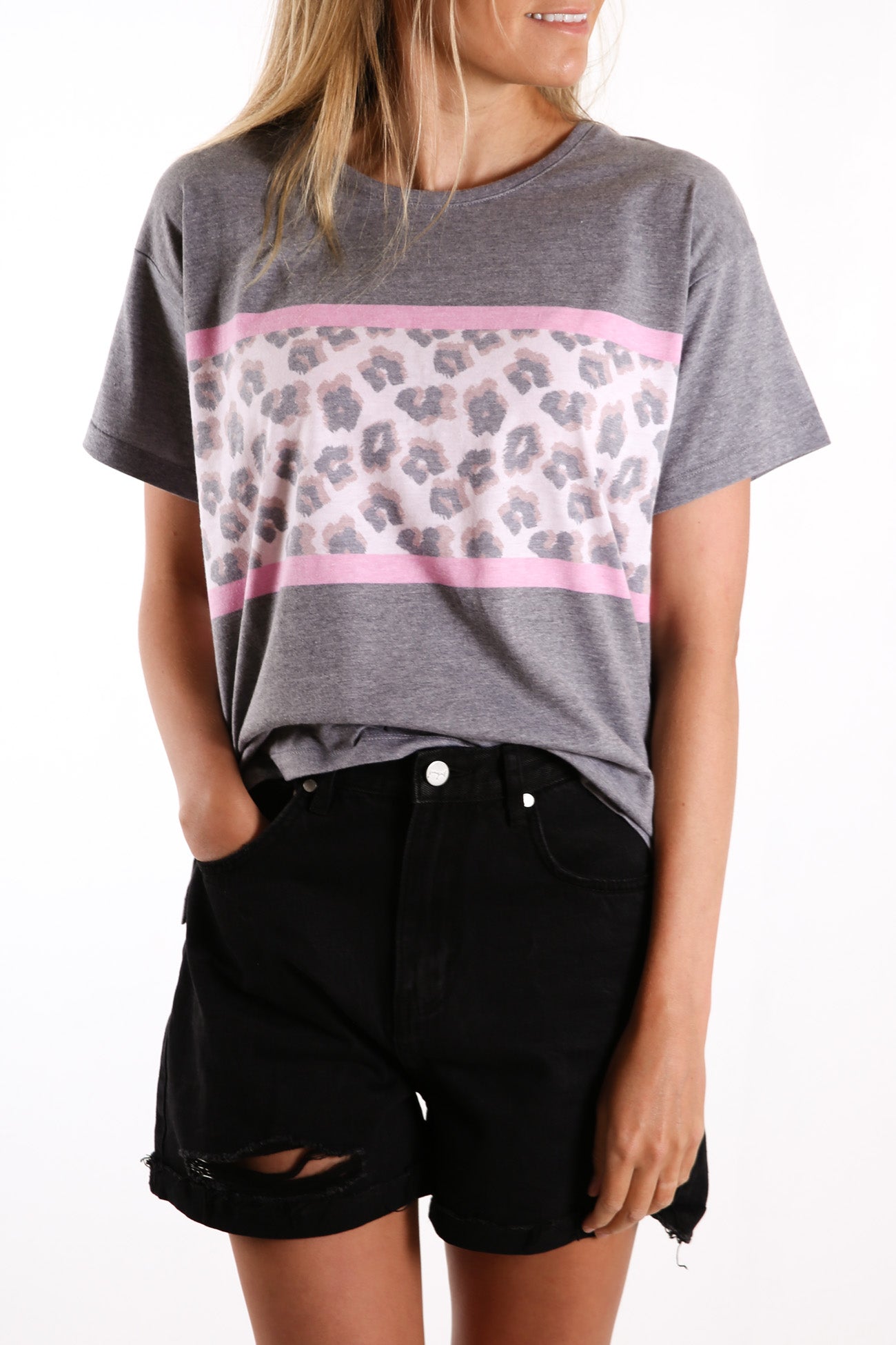 Leopard Panel Tee Washed Black