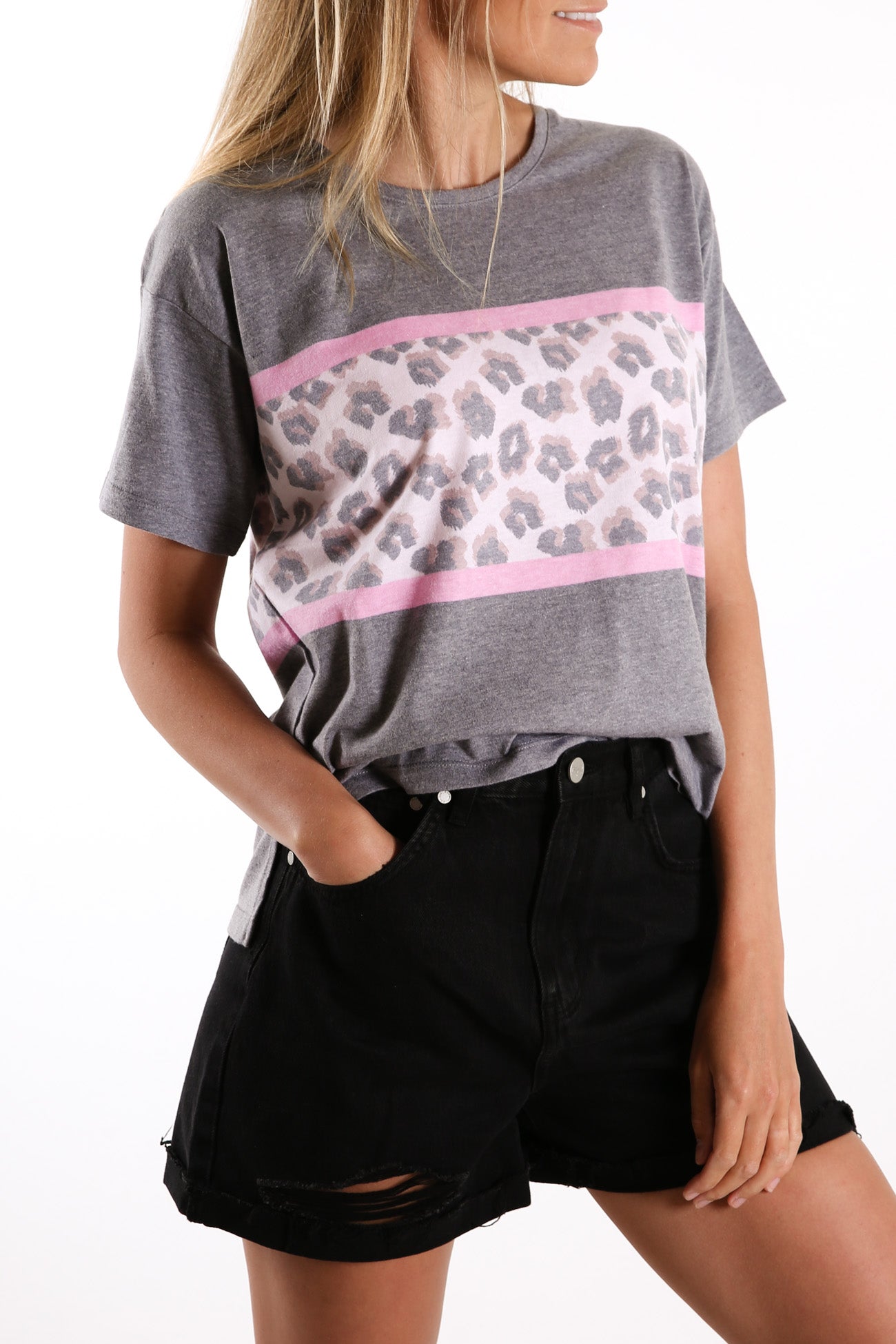 Leopard Panel Tee Washed Black