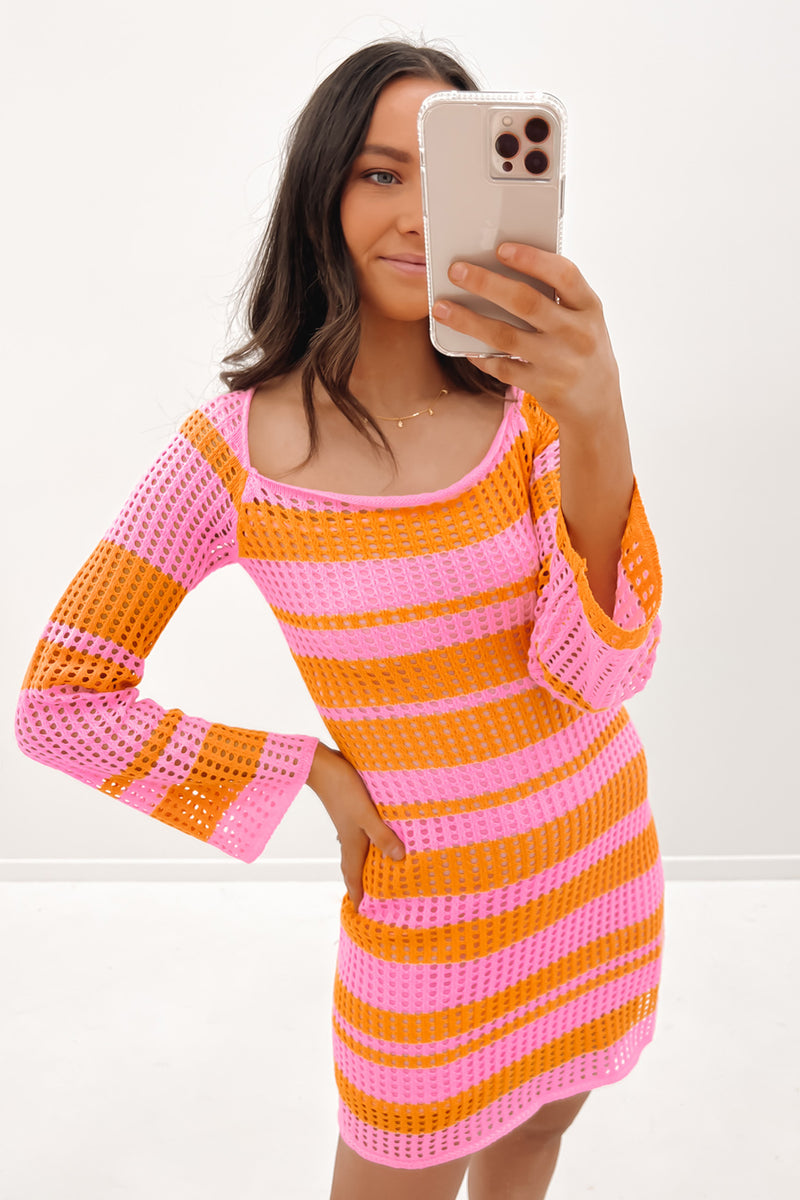 Lily Crochet Mini Dress Pink Orange - Jean Jail
