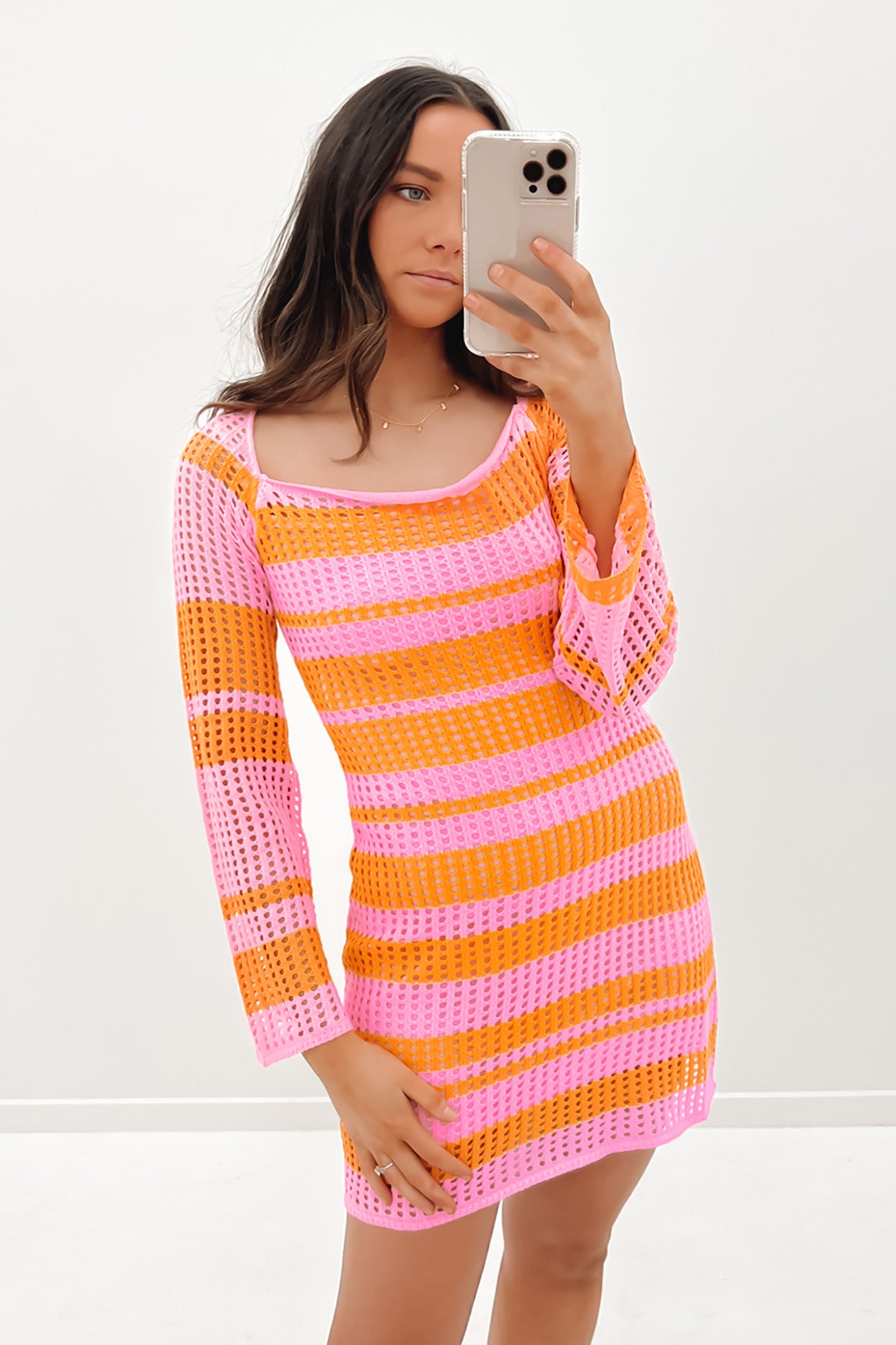 Lily Crochet Mini Dress Pink Orange