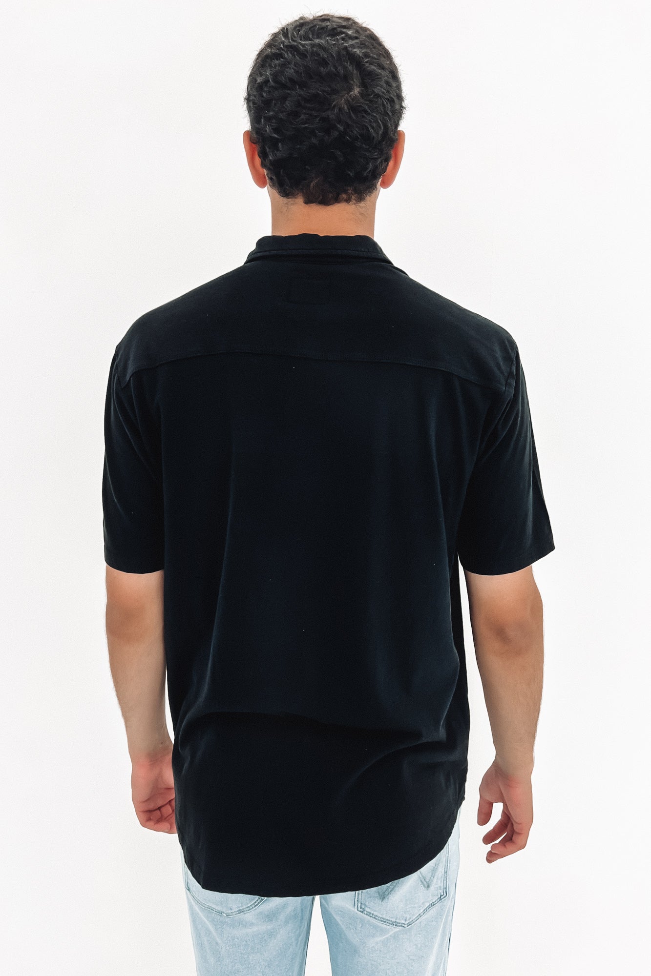 Linen Blend Jersey Short Sleeve Shirt Black