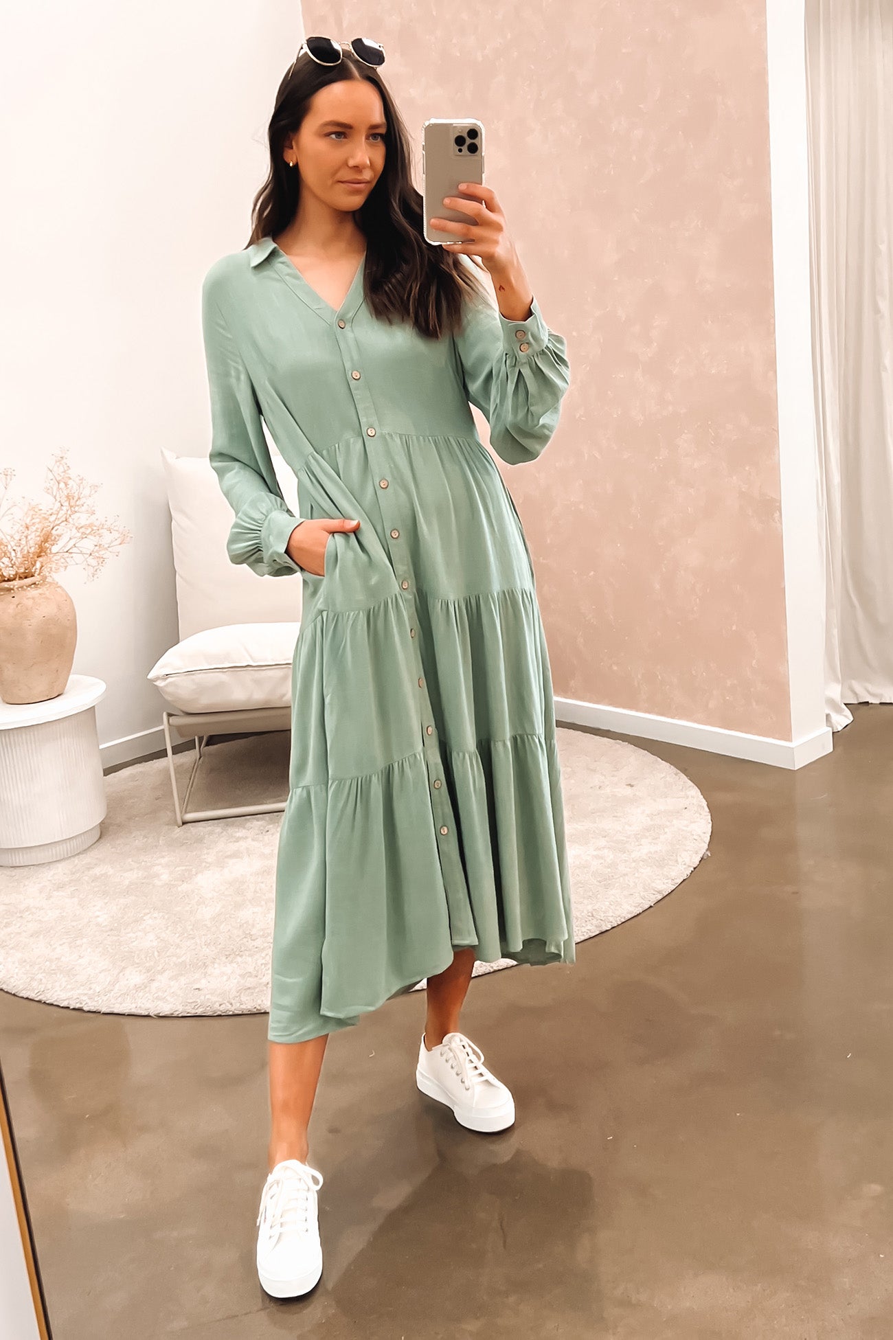 Little Paradise Long Sleeve Midi Dress Sage