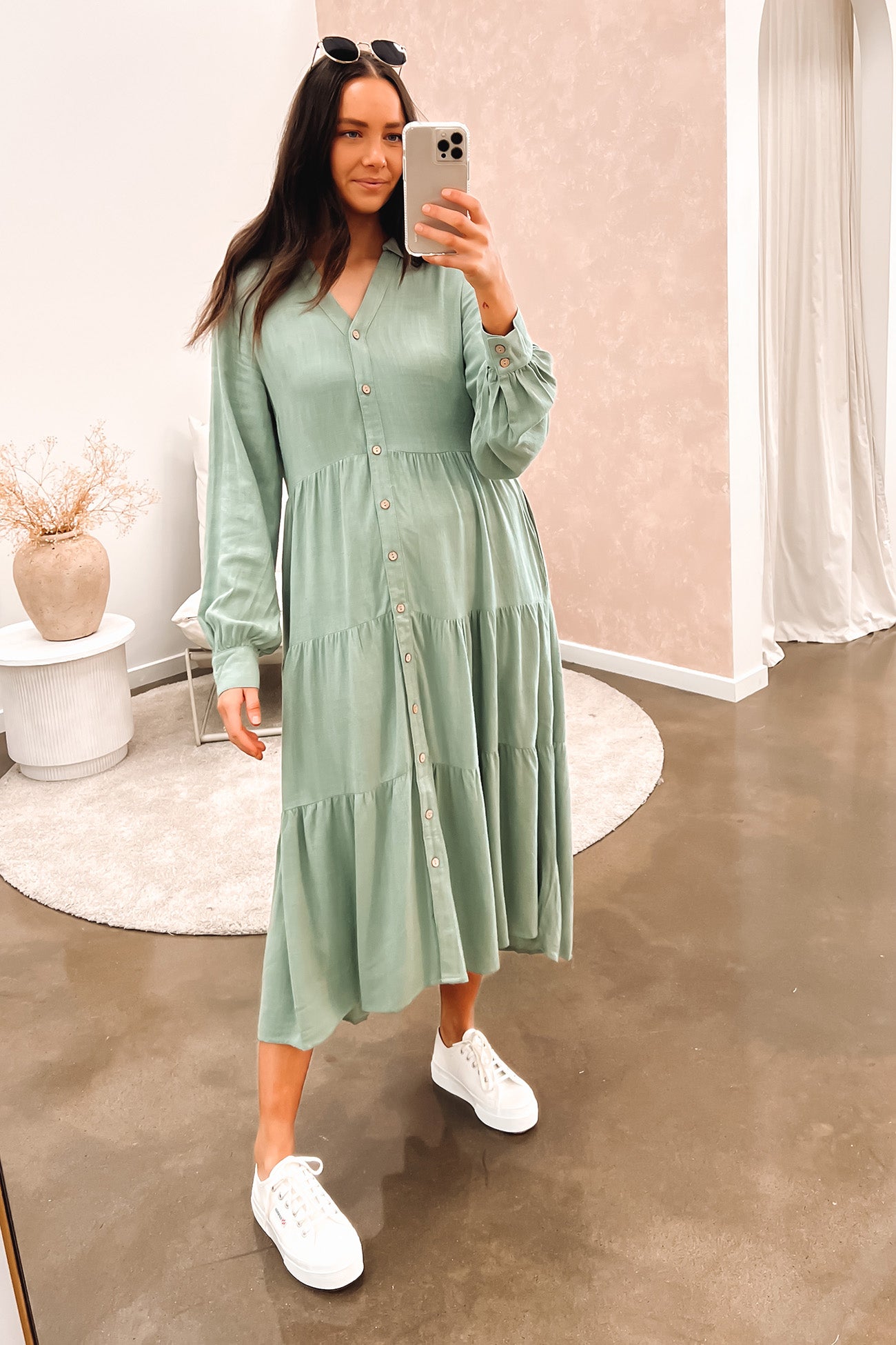 Little Paradise Long Sleeve Midi Dress Sage