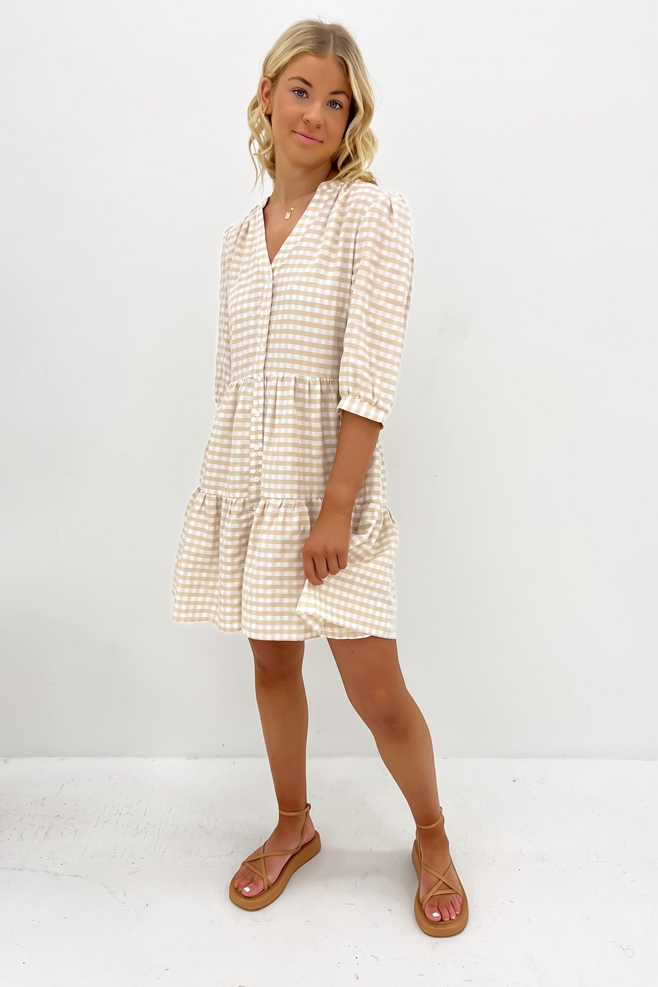 Mallory Mini Dress Latte Gingham